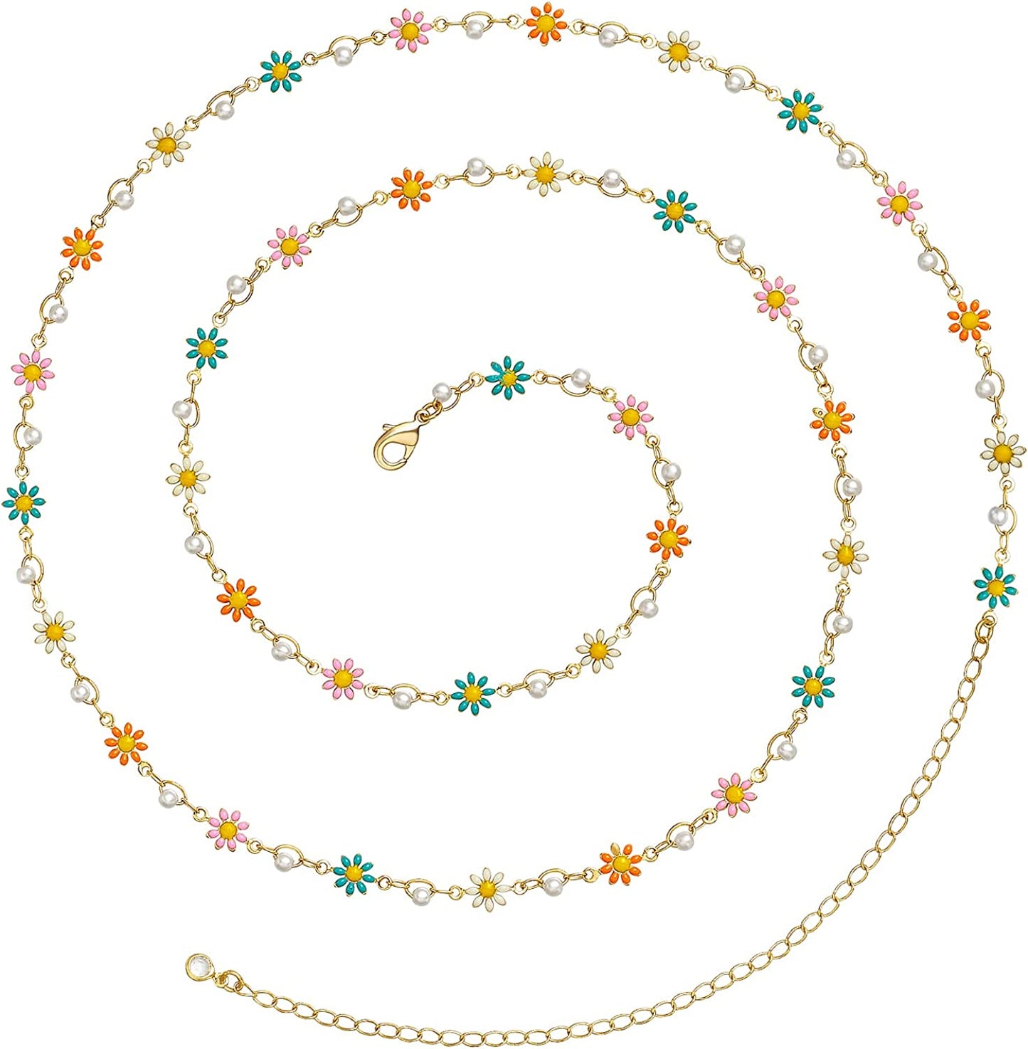 Kissyan Bikini Body Chains for Women, 14K Gold Adjustable Sexy Waist Chain Summer Beach Colorful Cuban Link Pearl Evil Eyes Belly Chain Handmade Jewelry Apparel & Accessories > Jewelry > Body Jewelry KissYan Gold-colorful daisy