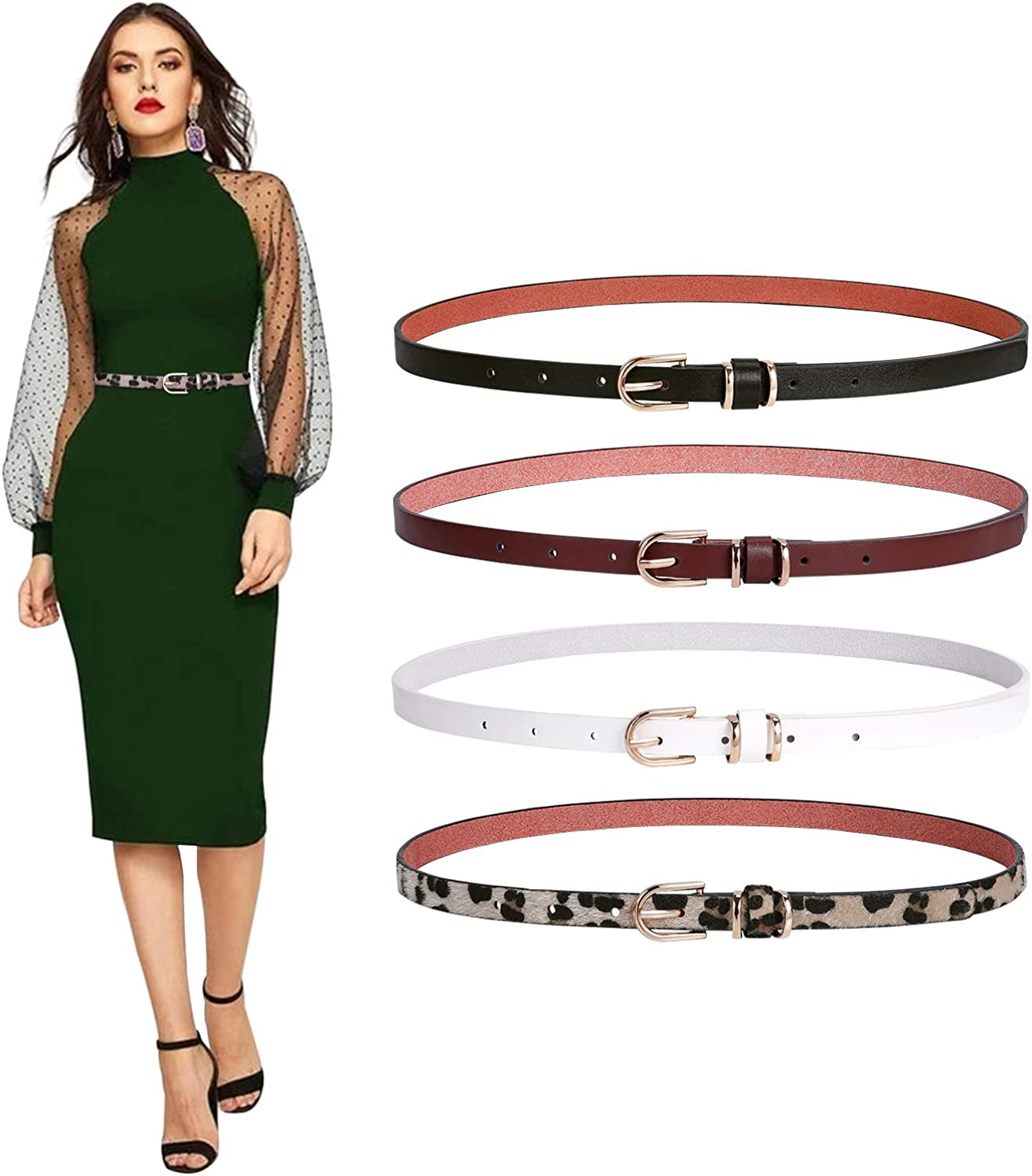 Set of 4 Womens Thin Belts SANSTHS Skinny Leather Belt with Gold Alloy Buckle Apparel & Accessories > Clothing Accessories > Belts SANSTHS C-4 Pack-2 Leopard S:Fits pants size 25"-29"