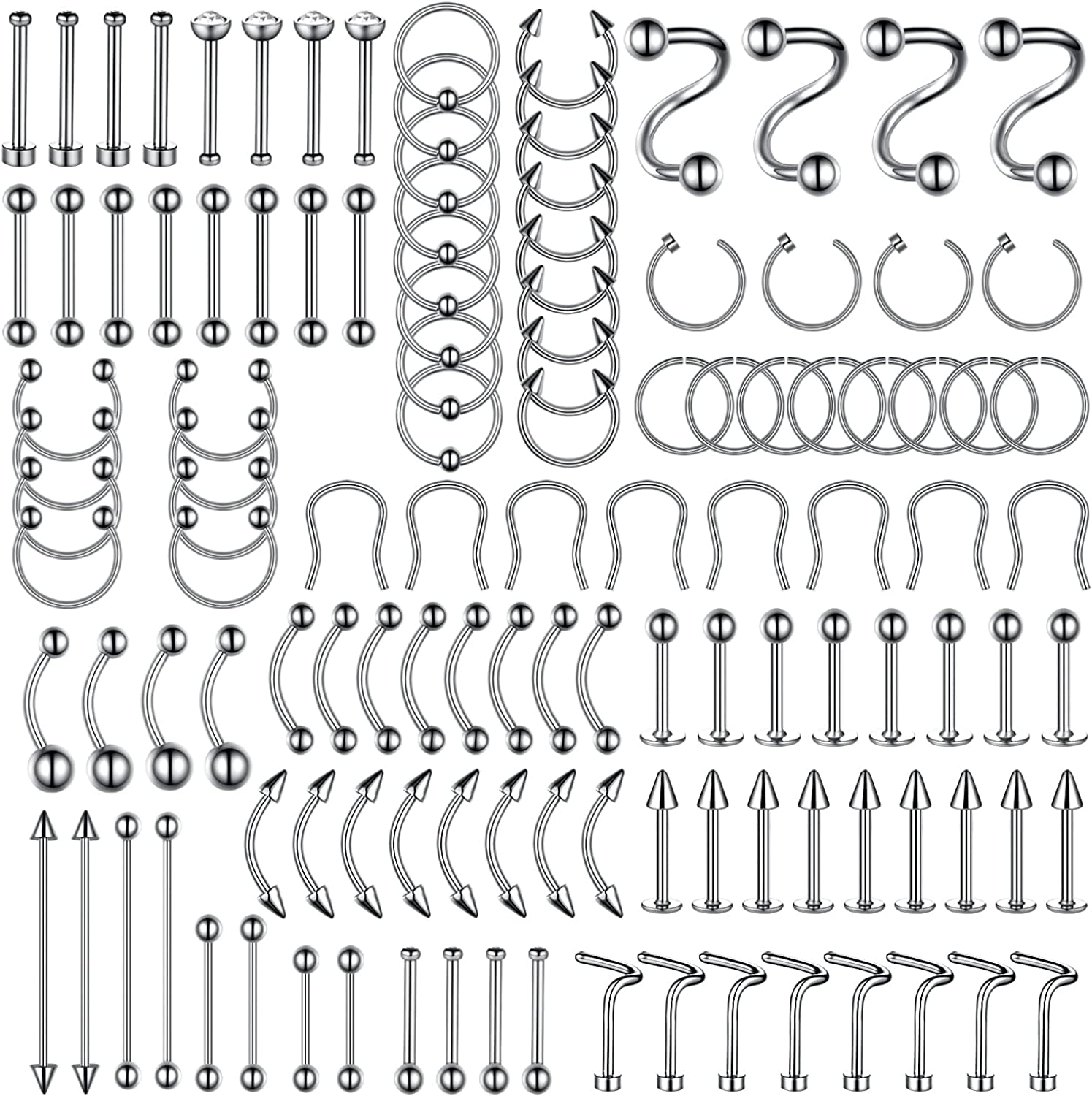 Bodyj4You 120PC Body Piercing Jewelry Kit | CBR BCR Rings Barbells Studs Screws Curved Bars | Belly Button Cartilage Tragus Nose Septum Tongue | 14G 16G 18G 20G Stainless Steel Random Bulk Set Apparel & Accessories > Jewelry > Body Jewelry BodyJ4You 120PC Basic Jewelry