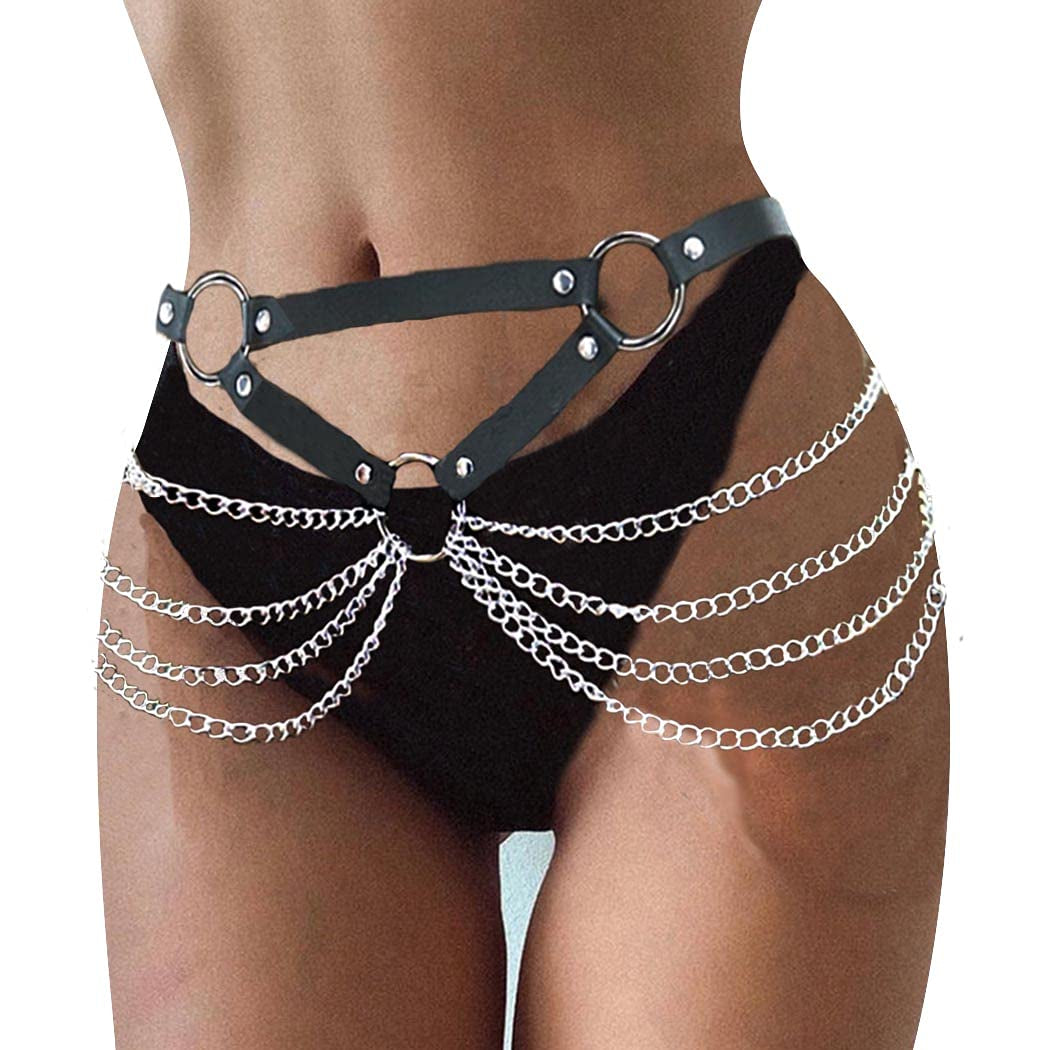 Asooll Punk Leather Waist Harness Chain Gothic Black Body Chain Belly Belt Chain Fashion Party Nightclub Body Accessories Jewelry for Women and Girls (Black1) Apparel & Accessories > Jewelry > Body Jewelry Asooll Black3