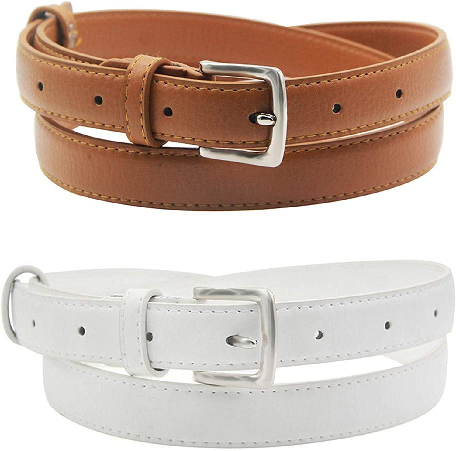 Maikun Womens Belt Skinny Leather Solid Color Pin Buckle Simple Waist for Girls Ladies Apparel & Accessories > Clothing Accessories > Belts maikun 2 Pack. White+brown 42.5" long, for waist size 35-38"
