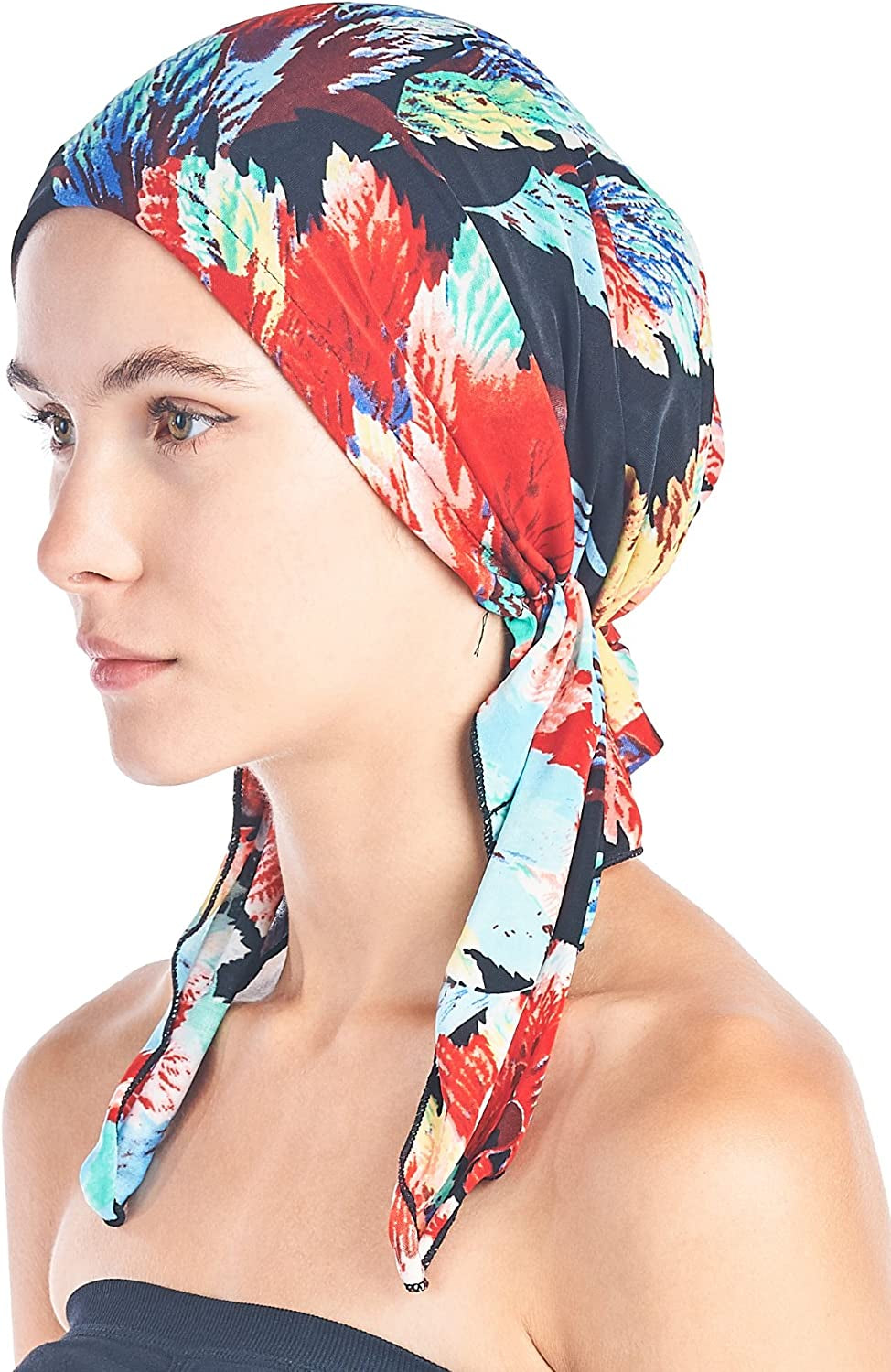Ashford & Brooks Pre Tied Bandana Turban Chemo Head Scarf Sleep Hair Cover Hat Apparel & Accessories > Clothing Accessories > Bandanas & Headties Ashford & Brooks Black/Red Tropical Fronds One Size