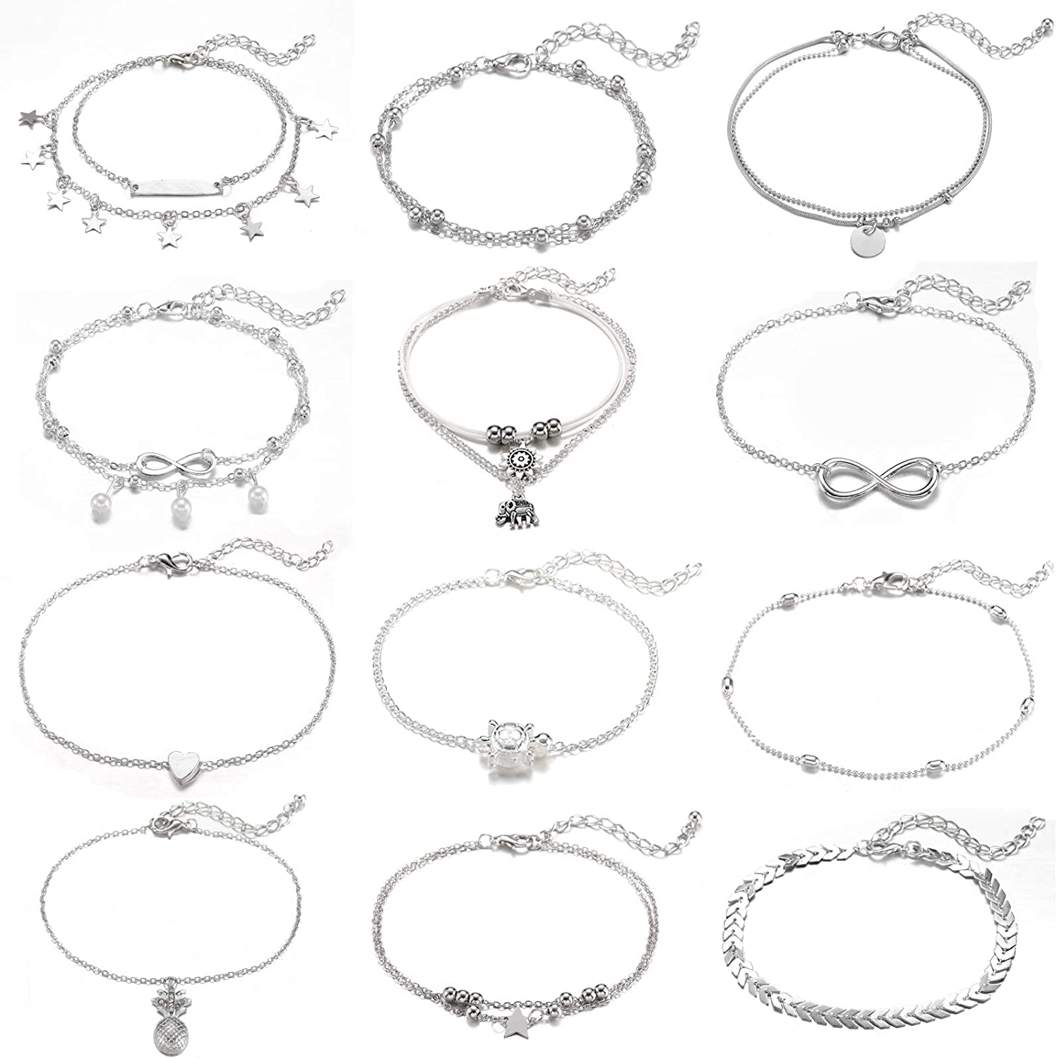 Starain 12Pcs Women'S Charm Anklet Set Gold Multilayer Adjustable Ankle Bracelets Boho Beach Foot Anklet for Women Girls Apparel & Accessories > Jewelry > Anklets Starain 12Pcs Silver Anklets
