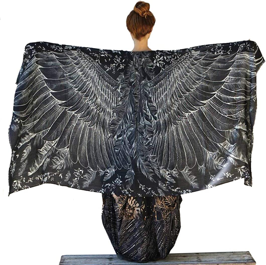 Bird Feathers Hand Painted & Printed Pure Cotton Shawl Scarf Apparel & Accessories > Clothing Accessories > Scarves & Shawls Shovava Black Evening Shawl