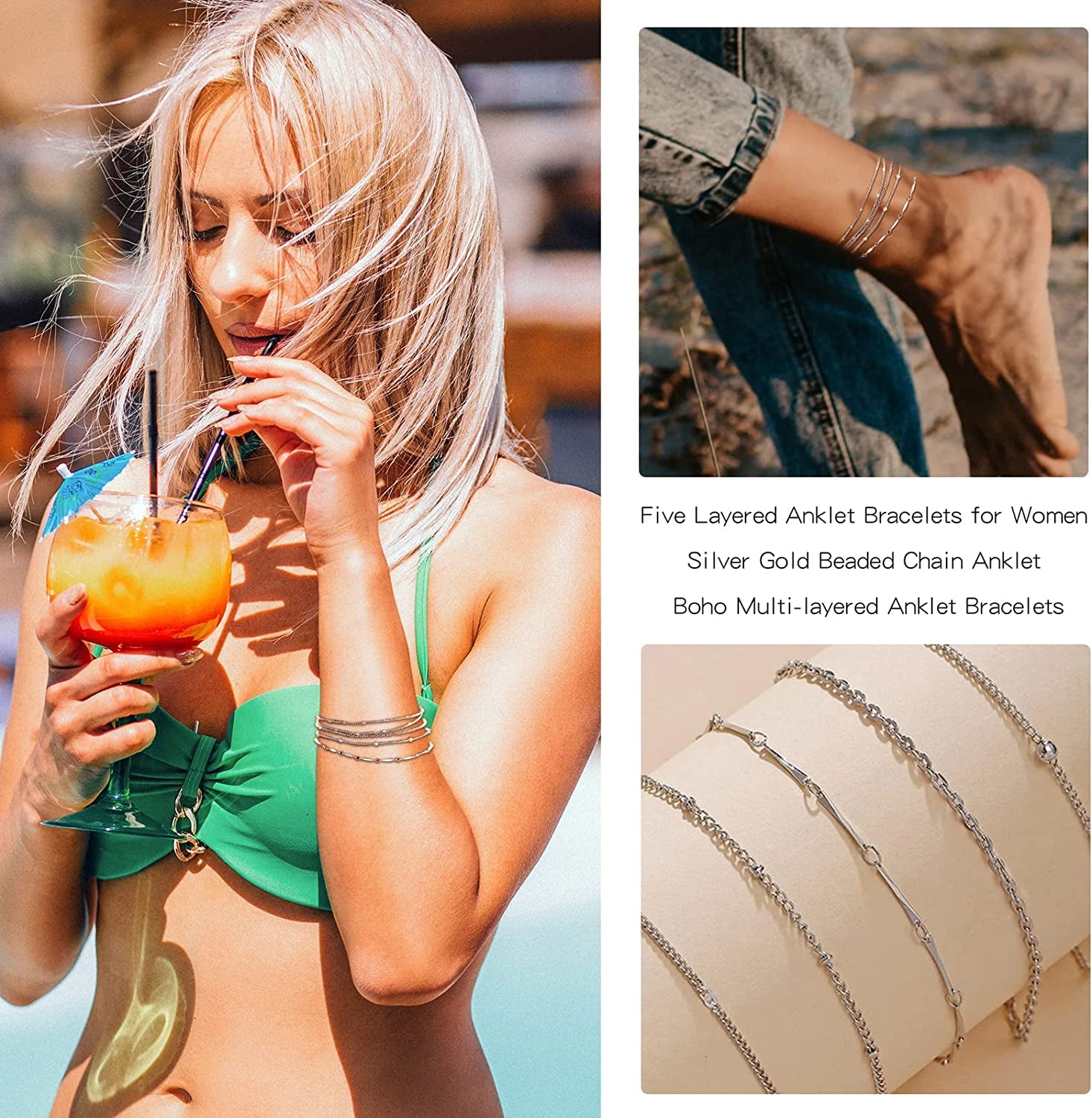 Five Layered Anklet Bracelets for Women Silver Gold Beaded Chain Anklet for Teen Girls Boho Multi-Layered Anklet Bracelets Beach Foot Chain Jewelry Jewelry Gifts Apparel & Accessories > Jewelry > Anklets Dcfywl731