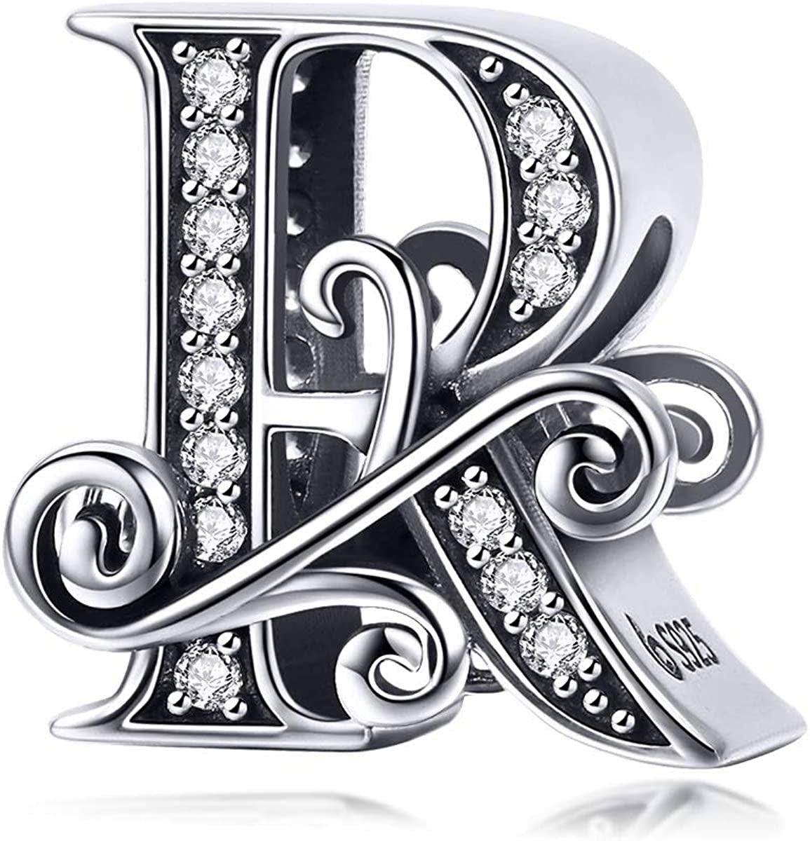 Solid 925 Sterling Silver with Cubic Stones, Complete A~Z Gift Options Alphabet Charm Letter Beads Fit Pandora European Bracelets Apparel & Accessories > Jewelry > Bracelets ABAOLALA ALPHABET R