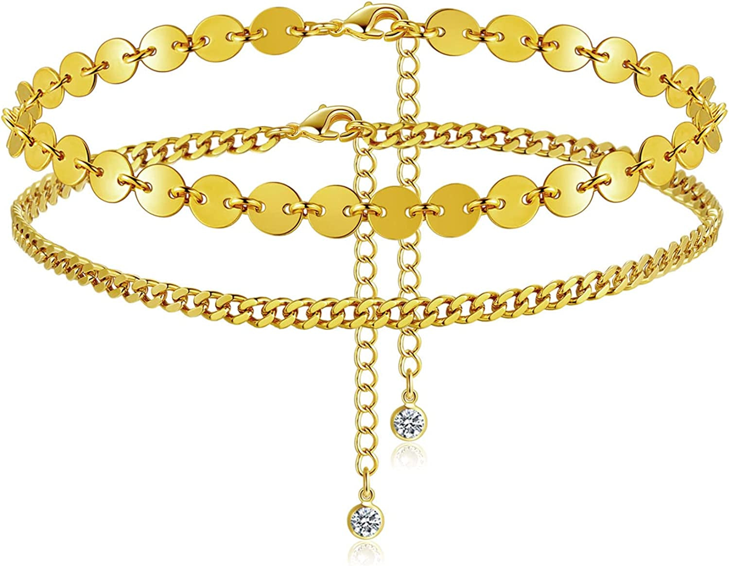Luxval Ankle Bracelets for Women, Tennis Chain Butterfly Anklets for Women 14K Gold Bead Link Foot Jewelry CZ Stones Anklet Bracelets for BFF Gift Apparel & Accessories > Jewelry > Anklets Luxval 2Pcs-Gold Coin-Cuban