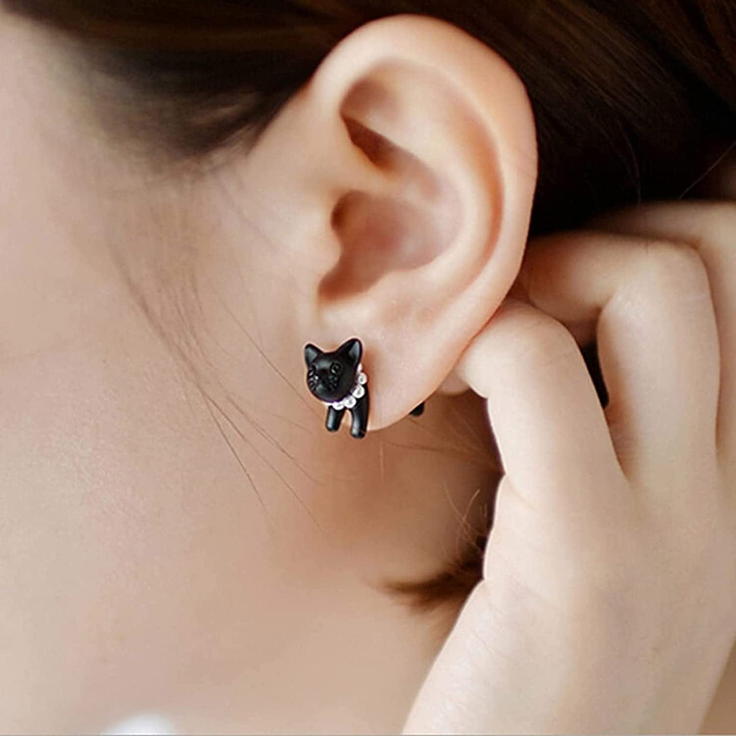3D Stud for Women Stud Ear Cat Earrings Anniversary Birthday Dangle Vintage for Girls Animal Stud Cute Earrings Cat for Women, Black, One Size