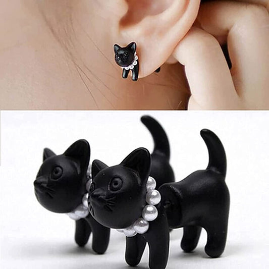 3D Stud for Women Stud Ear Cat Earrings Anniversary Birthday Dangle Vintage for Girls Animal Stud Cute Earrings Cat for Women, Black, One Size Black / One Size