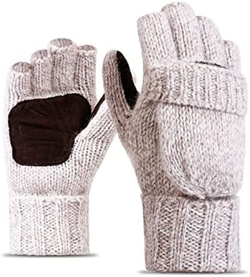 BOUYA Unisex Knitted Convertible Fingerless Gloves Thermal Insulation Wool Mittens Flap Cover Half-Finger Warm Mitten Glove Apparel & Accessories > Clothing Accessories > Gloves & Mittens ノーブランド品 Beige