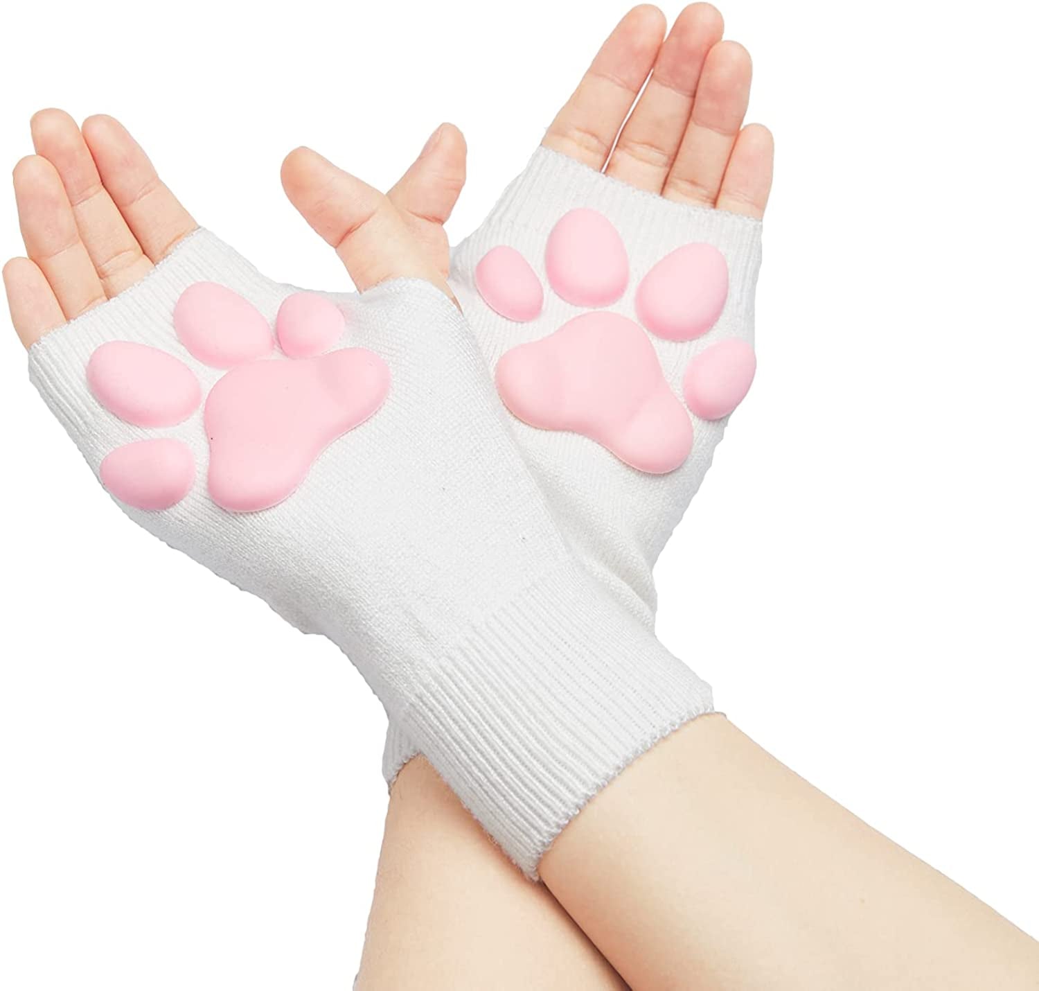 Cute Cat Paw Mittens Gloves, Kawaii Cat Cosplay Kawaii Soft 3D Toes Beans Fingerless Cat Claw Paws Pad Sleeve Apparel & Accessories > Clothing Accessories > Gloves & Mittens HOMEGYMFREE White-short
