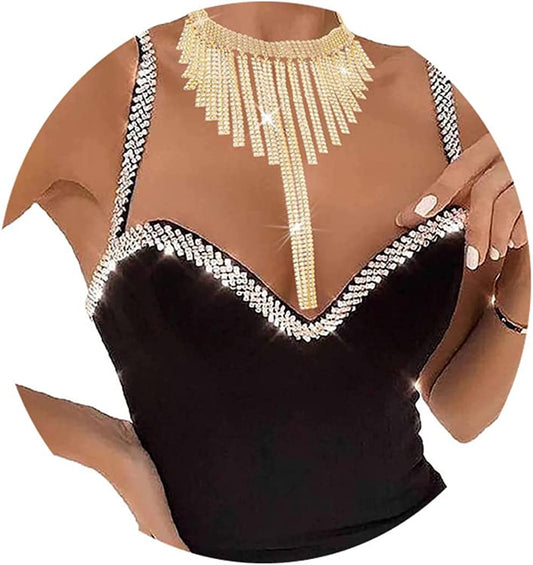 Shiny Rhinestone Layered Choker Sexy Gold Glitter Crystal Statement Necklace Metal Chains Evening Rave Nightclub Adjustable Body Accessories Jewelry for Women Apparel & Accessories > Jewelry > Body Jewelry China Tassel