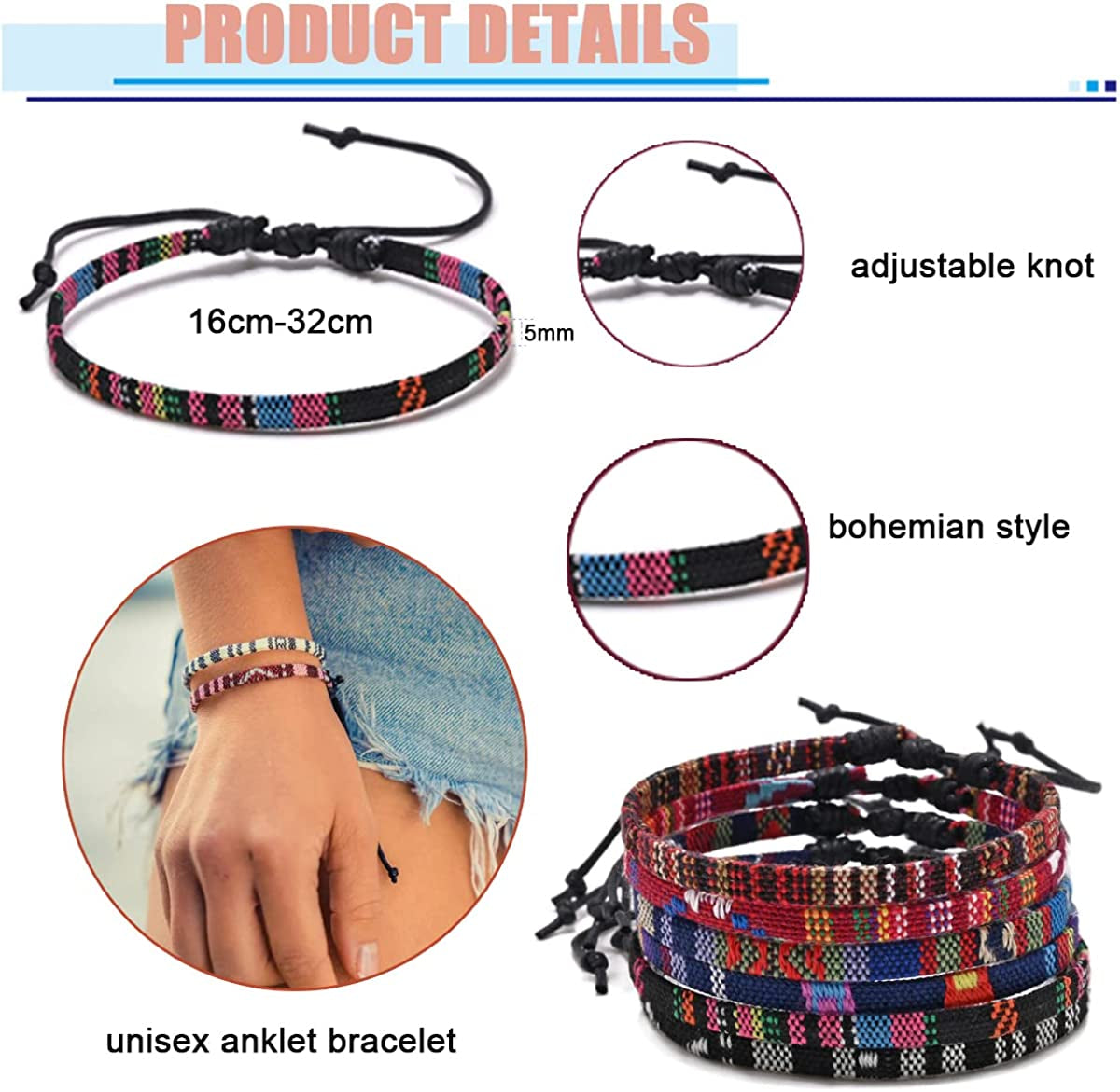 FINZOR 20PCS Ankle Bracelet Adjustable Boho Surfer Anklet Bracelet Thin Rope Unisex Handmade Beach Anklet Boho Colorful Ankle Bracelet Bohemia Anklet Chain Jewelry Festival Accessories Apparel & Accessories > Jewelry > Anklets FINZOR
