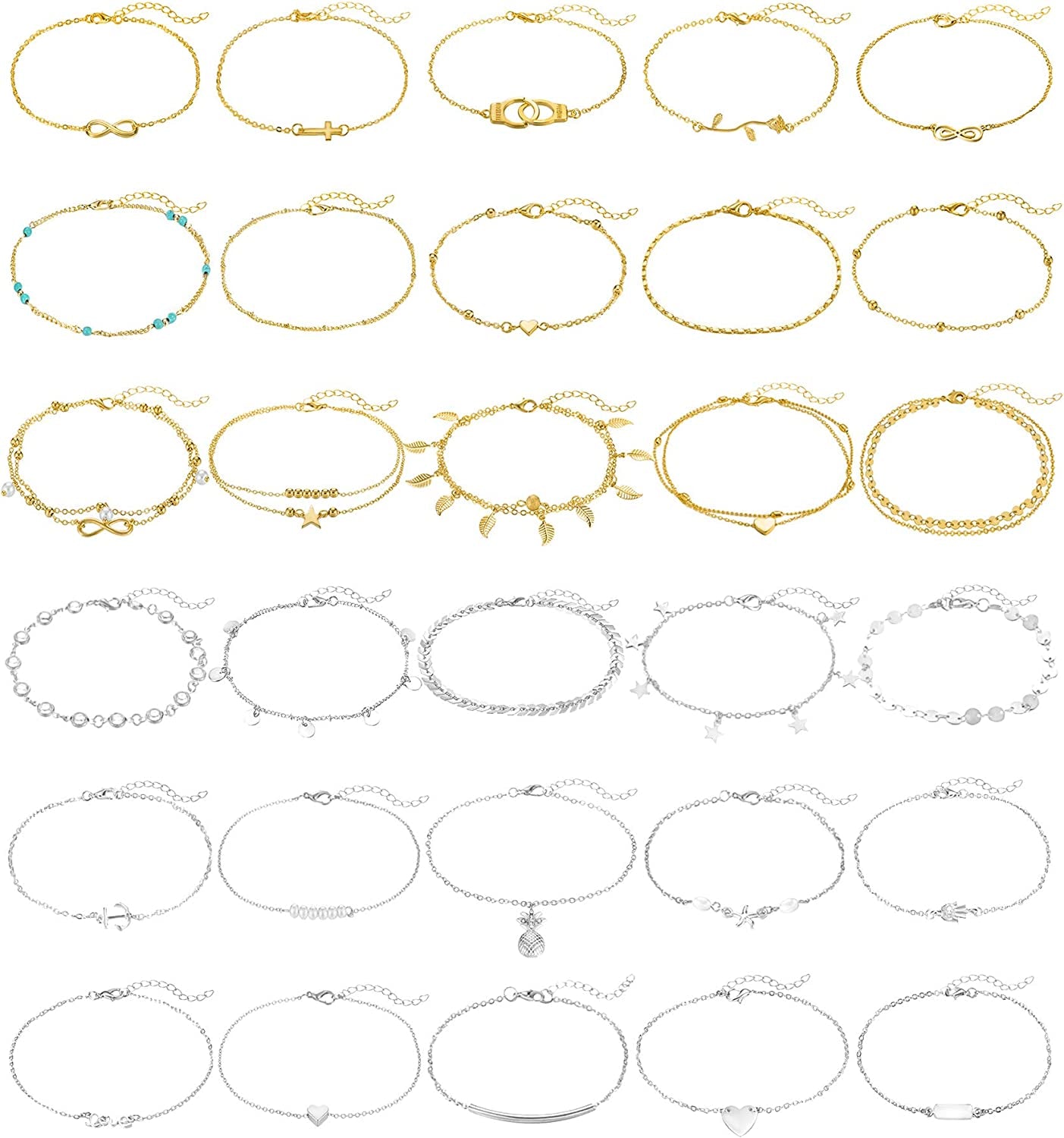 FUNEIA 12/16Pcs Anklets for Women Silver Gold Ankle Bracelets Set Boho Layered Beach Adjustable Chain Anklet Foot Jewelry Apparel & Accessories > Jewelry > Anklets Anlsen J:15Silver+15Gold