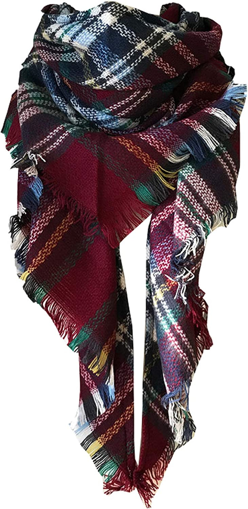 Wander Agio Womens Warm Long Shawl Winter Wraps Large Scarves Knit Cashmere Feel Plaid Triangle Scarf Apparel & Accessories > Clothing Accessories > Scarves & Shawls Wander Agio New Purplish Red