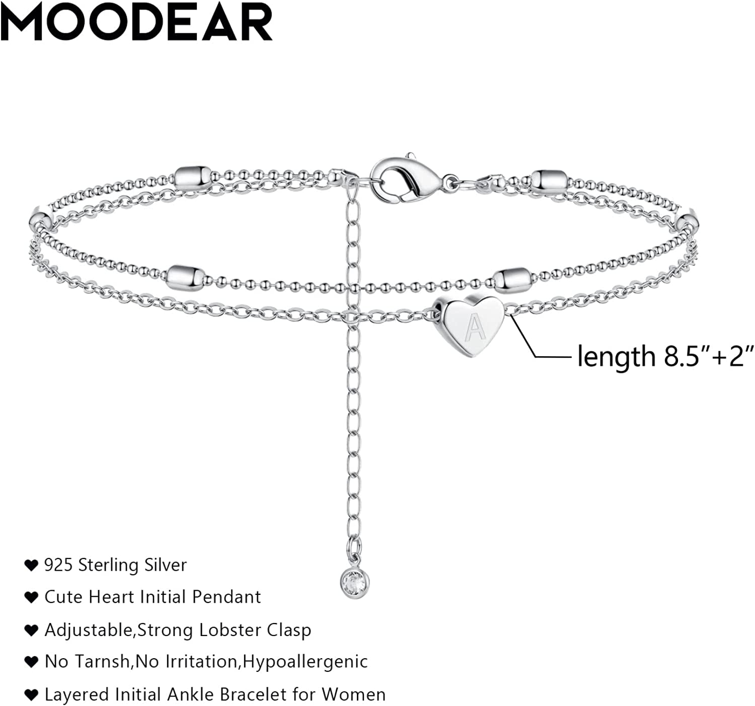 Moodear Silver Ankle Bracelets for Women, Sterling Silver Initial Anklet Layered Dainty Tiny Heart Charm Handmade Carved Alphabet A-Z Letter Ankle Bracelet Beaded Foot Chain Personalized Name Anklets Summer Cute Boho Beach Gift for Her Apparel & Accessories > Jewelry > Anklets Moodear