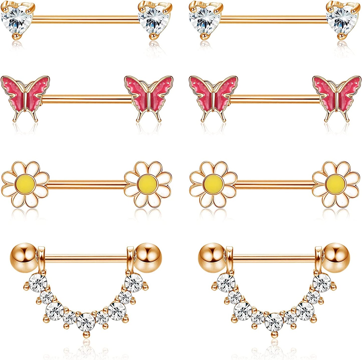 FINREZIO 4Pairs 14G Nipple Rings 316L Surgical Steel Flower Nipple Tongue Ring Barbell Piercing for Women Body Piercing Jewelry Apparel & Accessories > Jewelry > Body Jewelry FINREZIO Rose gold tone