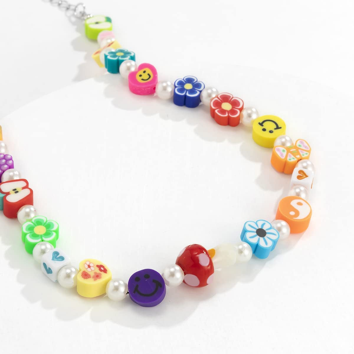 Boho Smiley Layered Beaded Necklaces with Strand Bracelet, Smile Face Star Fruits Flowers Heart Shape Beads Pearl Stackable Collar Necklace Anklet for Women Girls Vsco Summer Beach Trip Apparel & Accessories > Jewelry > Anklets Bincon
