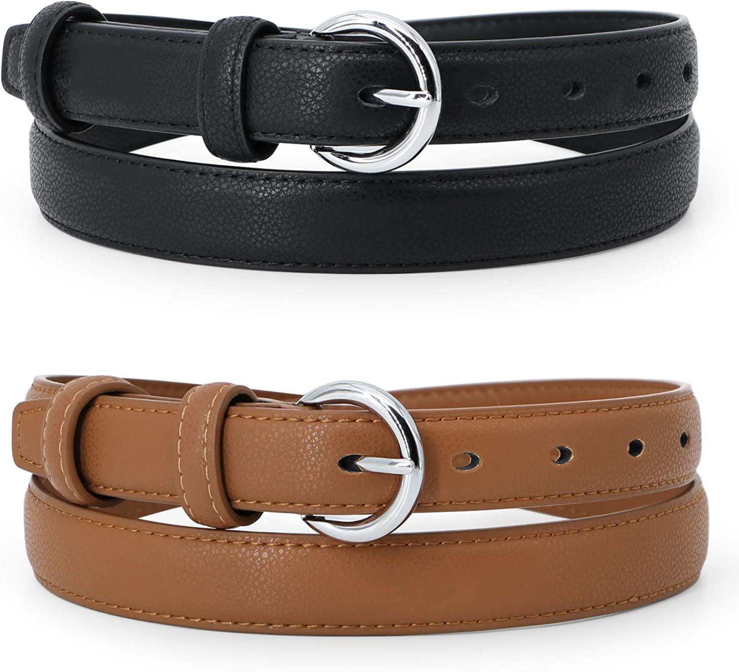 WERFORU 2 Pack Women Leather Belt Waist Skinny Dress Belts Solid Pin Buckle Belt for Jeans Pants Apparel & Accessories > Clothing Accessories > Belts WERFORU F-black/Brown Fit Size 30"-34"
