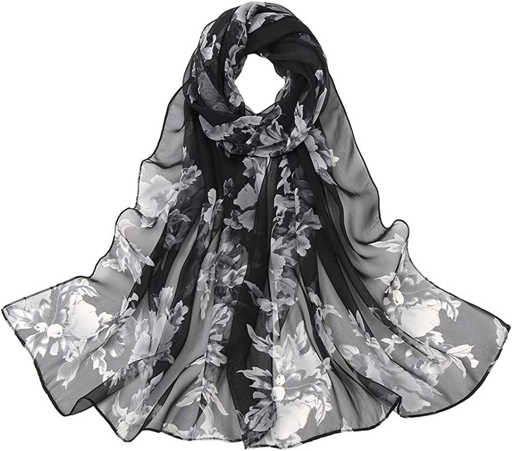LMVERNA Chiffon Flower Scarf Women'S Floral Scarves Printe Chiffon Scarf Polka Dot Shawls Long Scarf Wrap Apparel & Accessories > Clothing Accessories > Scarves & Shawls LMVERNA Georgie Black
