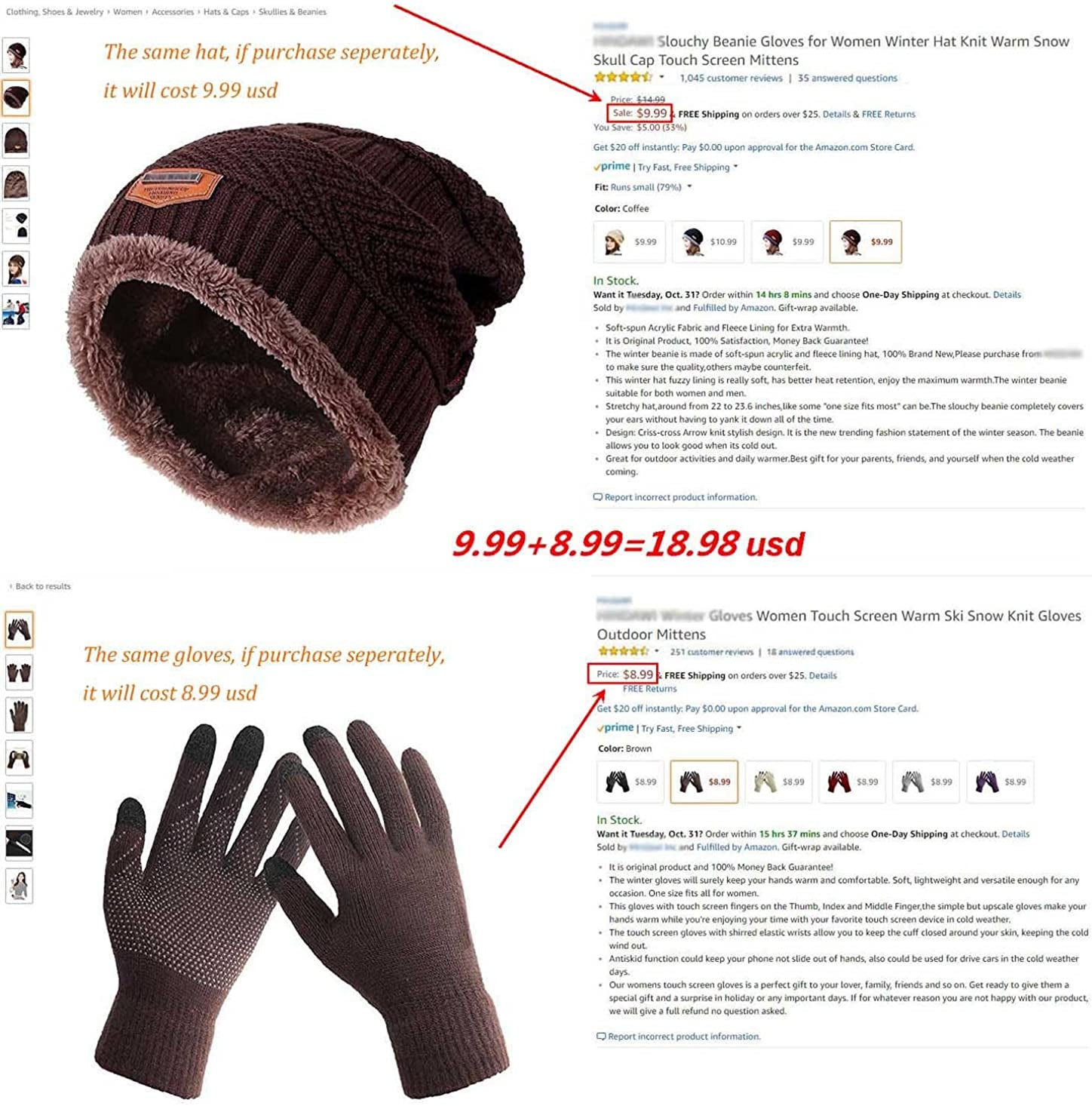HINDAWI Winter Slouchy Beanie Gloves for Women Knit Hats Skull Caps Touch Screen Mittens Apparel & Accessories > Clothing Accessories > Gloves & Mittens HINDAWI