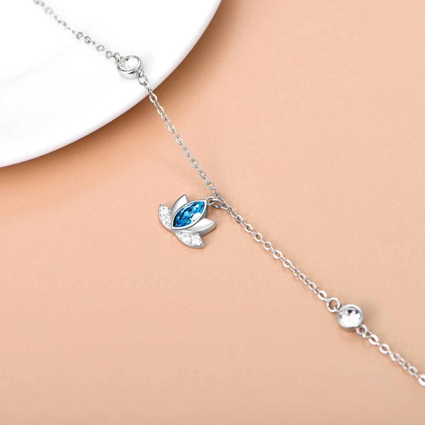 Lotus Anklets for Women Sterling Silver Ankle Bracelets with Blue Crystals 9''+2'' Apparel & Accessories > Jewelry > Anklets AOBOCO