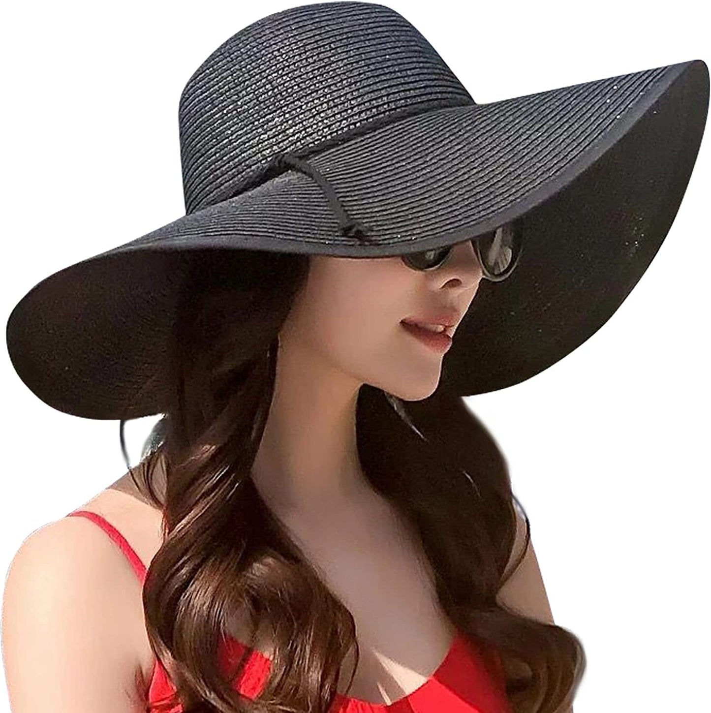 Lanzom Womens Wide Brim Straw Hat Big Floppy Foldable Roll up Cap Beach Sun Hat UPF 50+ Apparel & Accessories > Clothing Accessories > Hats Lanzom Twine-black One Size