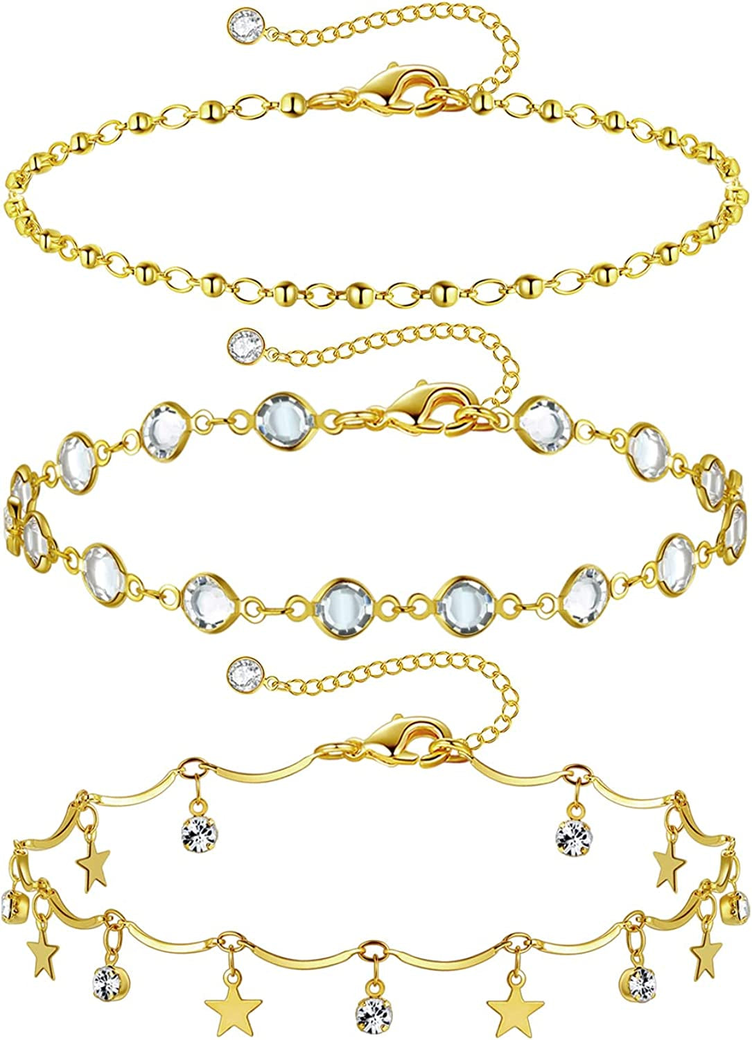 Luxval Ankle Bracelets for Women, Tennis Chain Butterfly Anklets for Women 14K Gold Bead Link Foot Jewelry CZ Stones Anklet Bracelets for BFF Gift Apparel & Accessories > Jewelry > Anklets Luxval 3Pcs-Bead-Crystal-CZ Star