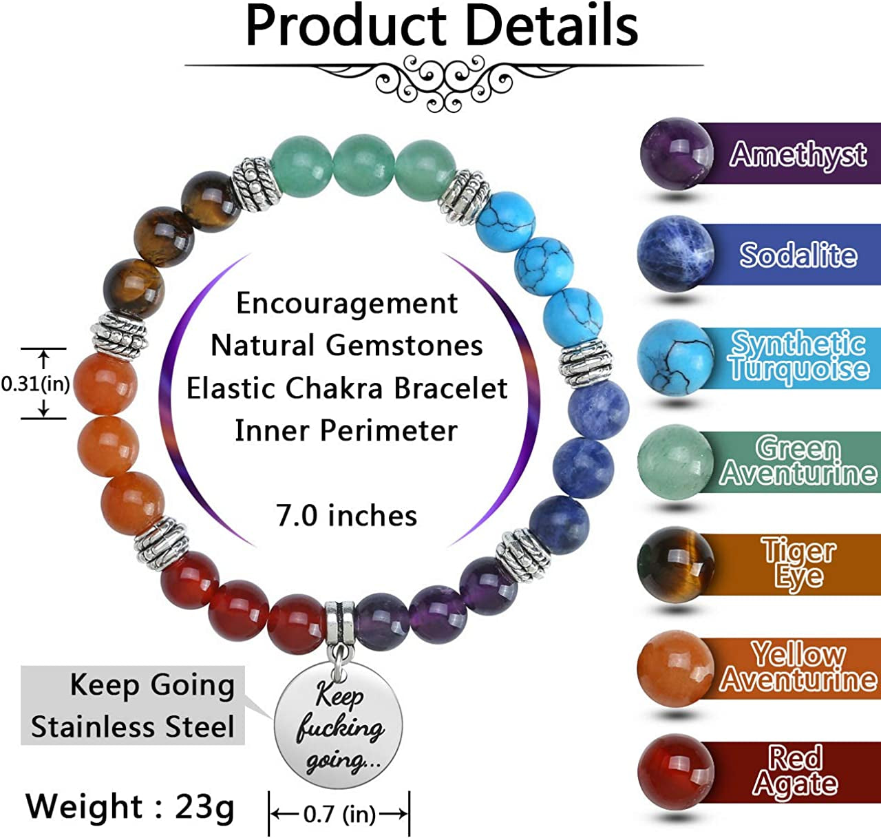Top Plaza 7 Chakra Stone Bead Bracelets Yoga Reiki Healing Crystals Gemstone Beaded Bracelet Friendship Inspirational Message Charm Bracelet for Women Men Apparel & Accessories > Jewelry > Bracelets Top Plaza