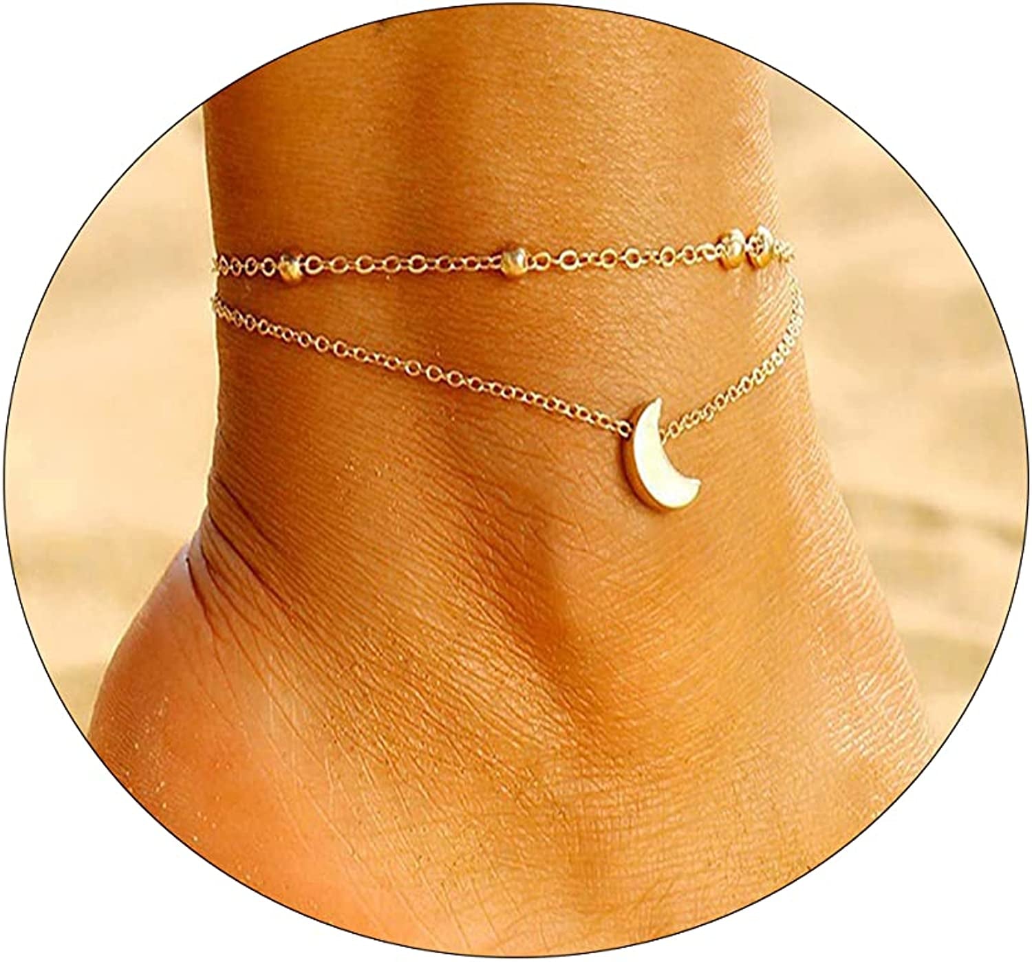 Kyerlyn Dainty Simple Chain Anklet for Women 18K Gold/Silver Plated Summer Beach Beaded Evil Eye Moon Figaro Butterfly Satellite Cuban Pearl Flat Marina Anklet Gift Apparel & Accessories > Jewelry > Anklets Kyerlyn Layered Beaded Moon-GD