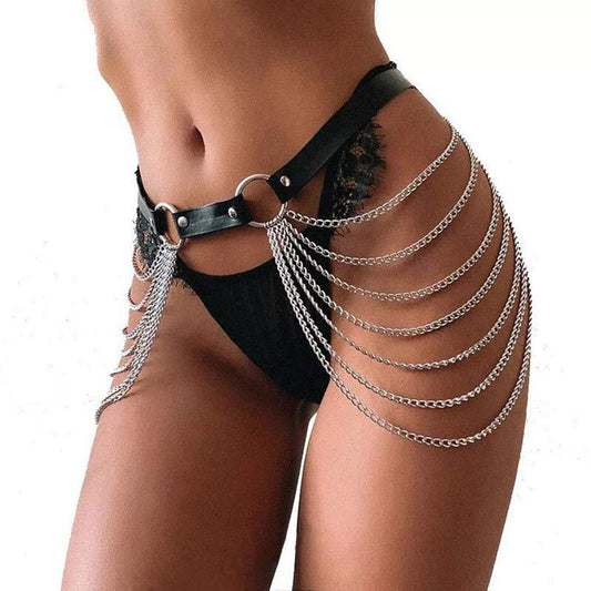 Reetan Punk Waist Chain Leather Layered Belly Body Chains Ring Belt Waist Chains Rave Party Body Jewelry Accessories for Women and Girls Apparel & Accessories > Jewelry > Body Jewelry REETAN