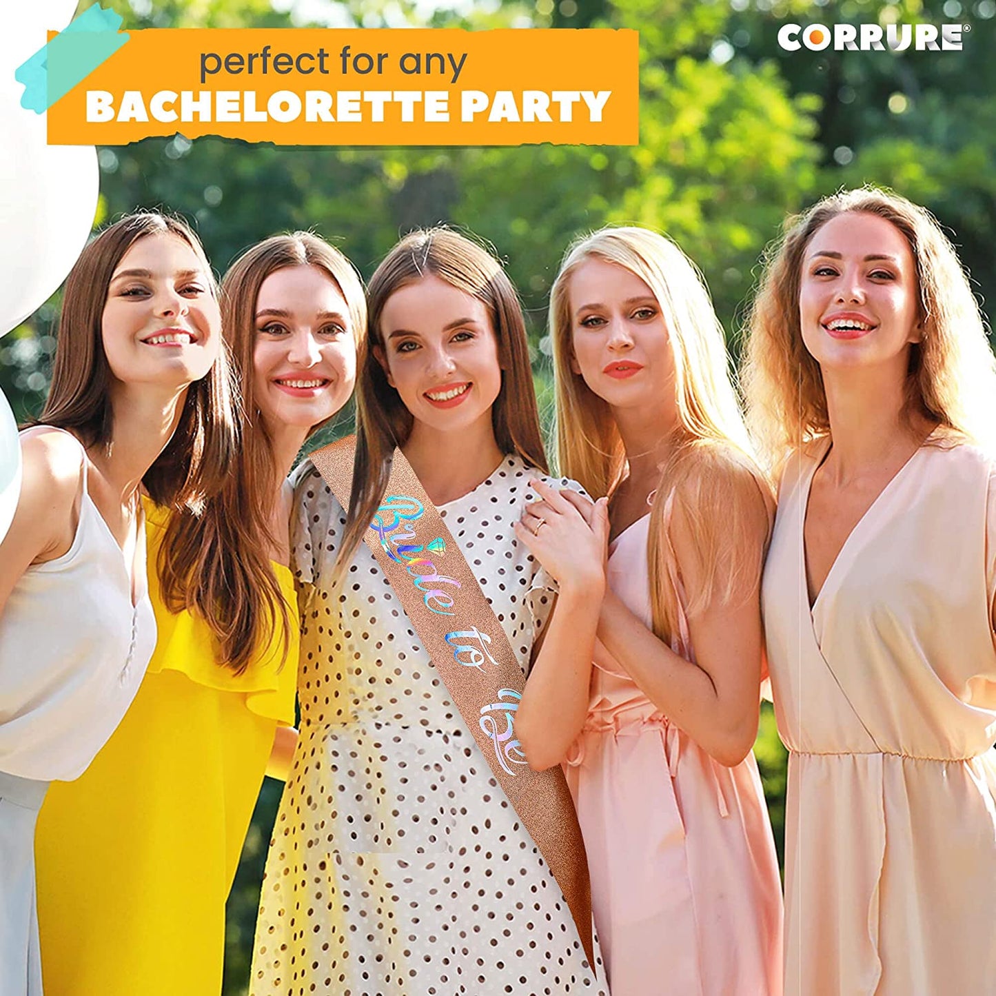 CORRURE 'Bride to Be' Sash for Bachelorette Party - Bridal Shower Rose Gold Glitter Sash with Multicolor Foil Lettering - Hen Party Decorations Supplies Accessories, Wedding Engagement Party Favors Apparel & Accessories > Clothing Accessories > Sashes CORRURE