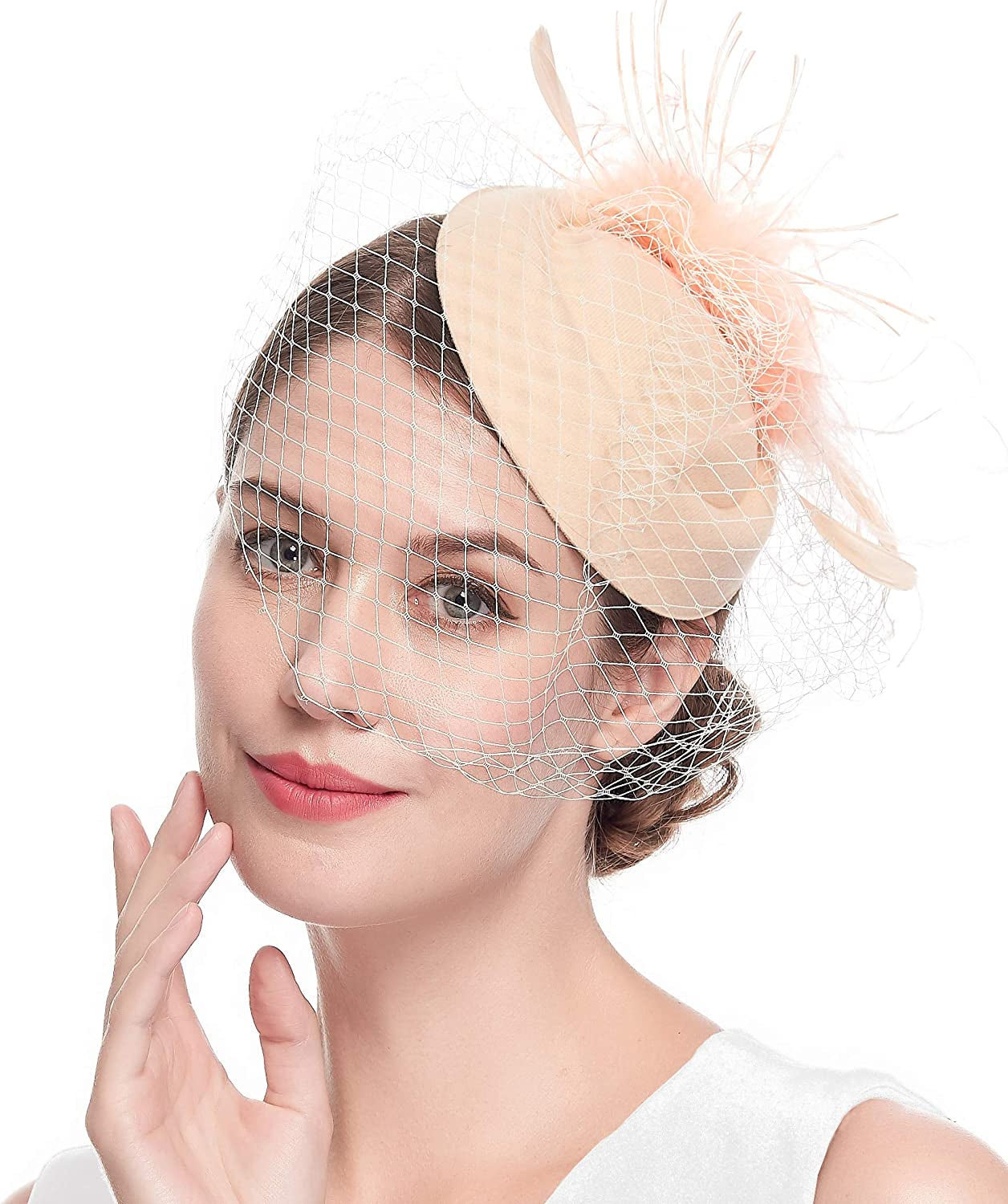 Fascinators Hats 20S 50S Hat Pillbox Hat Cocktail Tea Party Headwear with Veil for Girls and Women Apparel & Accessories > Clothing Accessories > Headwear Cizoe B-peach
