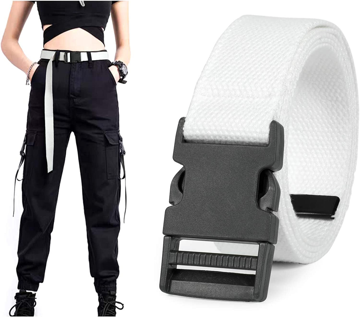 Canvas Long Belt for Women ,SANSTHS Hip Hop Streetwear Style Black Buckle Cargo Belt with Flat Plastic Buckle for Jeans Dress Apparel & Accessories > Clothing Accessories > Belts SANSTHS A-white Fit Pants below 49"