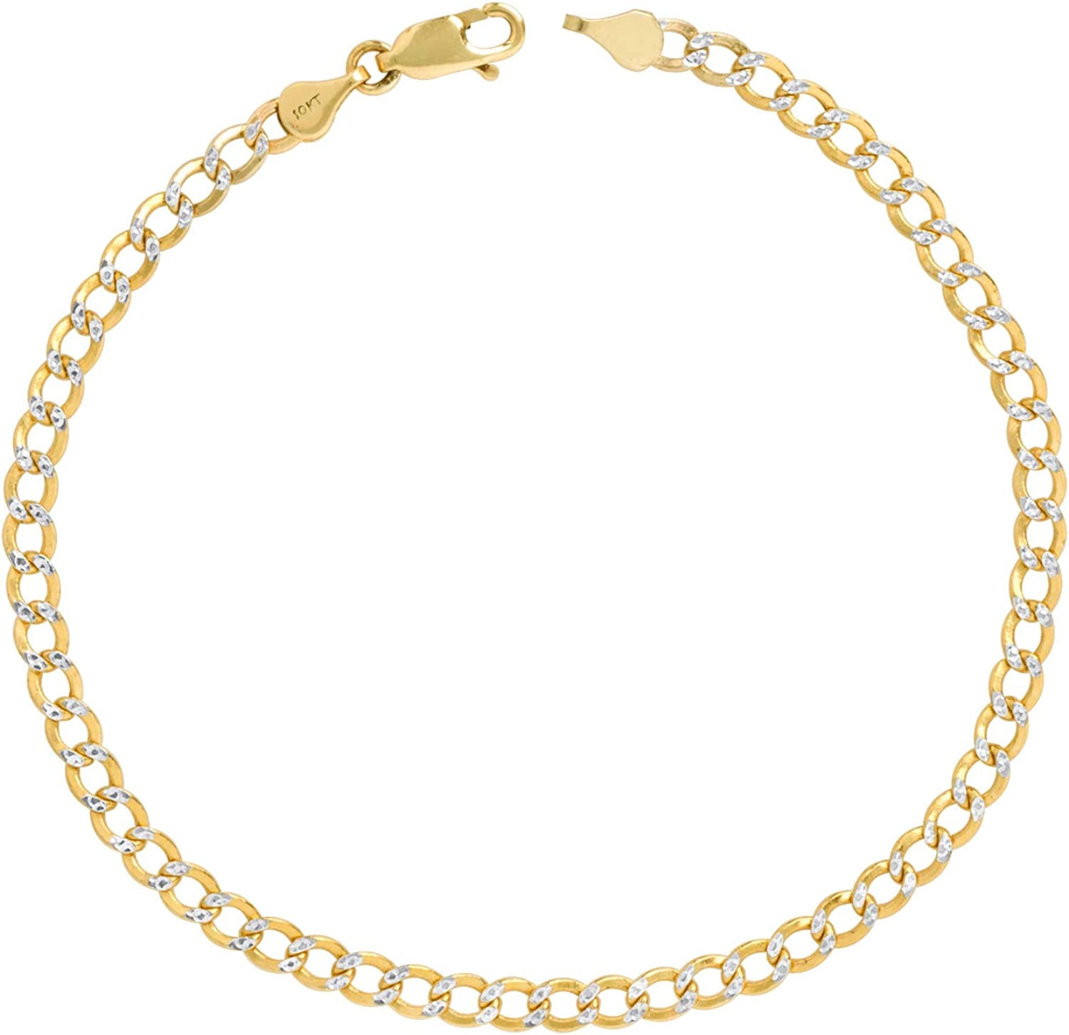 Nuragold 10K Yellow Gold 3.5Mm Cuban Chain Curb Link Diamond Cut Pave Two Tone Bracelet or Anklet, Womens Mens Lobster Clasp 7" 7.5" 8" 8.5" 9" Apparel & Accessories > Jewelry > Anklets NuraGold 8.5 Inches