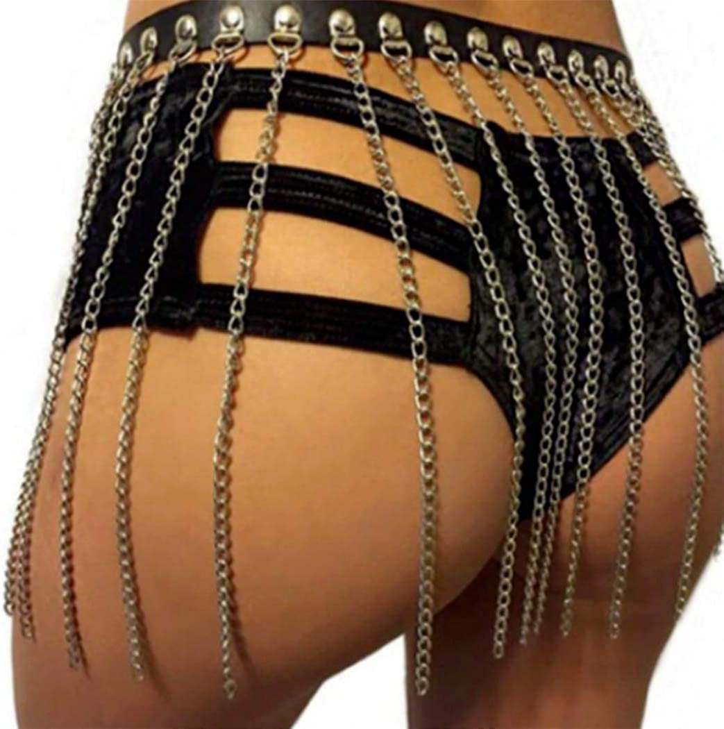 Ludress Punk Leather Waist Chain Tassel Dance Skirt Black Belt Belly Chain Hip Body Chain Rave Body Jewelry for Women and Girls Apparel & Accessories > Jewelry > Body Jewelry LUDRESS