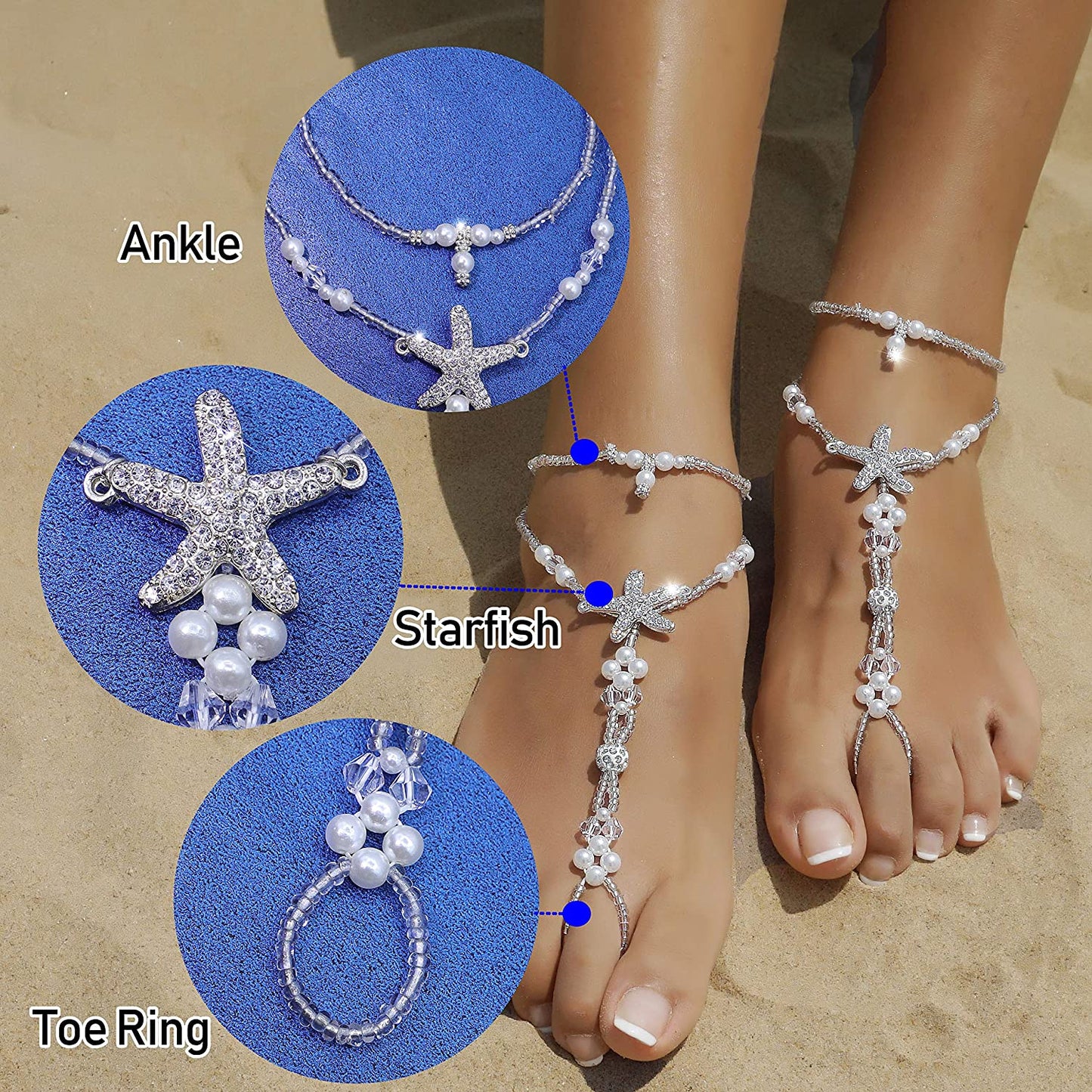 Bellady Foot Jewelry Barefoot Sandals for Women Wedding, Starfish Ankle Bracelet with Rhinestone 1 Pair Apparel & Accessories > Jewelry > Anklets Bellady