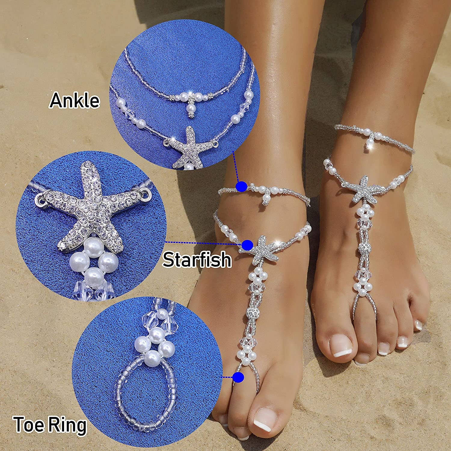 Bellady Foot Jewelry Barefoot Sandals for Women Wedding, Starfish Ankle Bracelet with Rhinestone 1 Pair Apparel & Accessories > Jewelry > Anklets Bellady