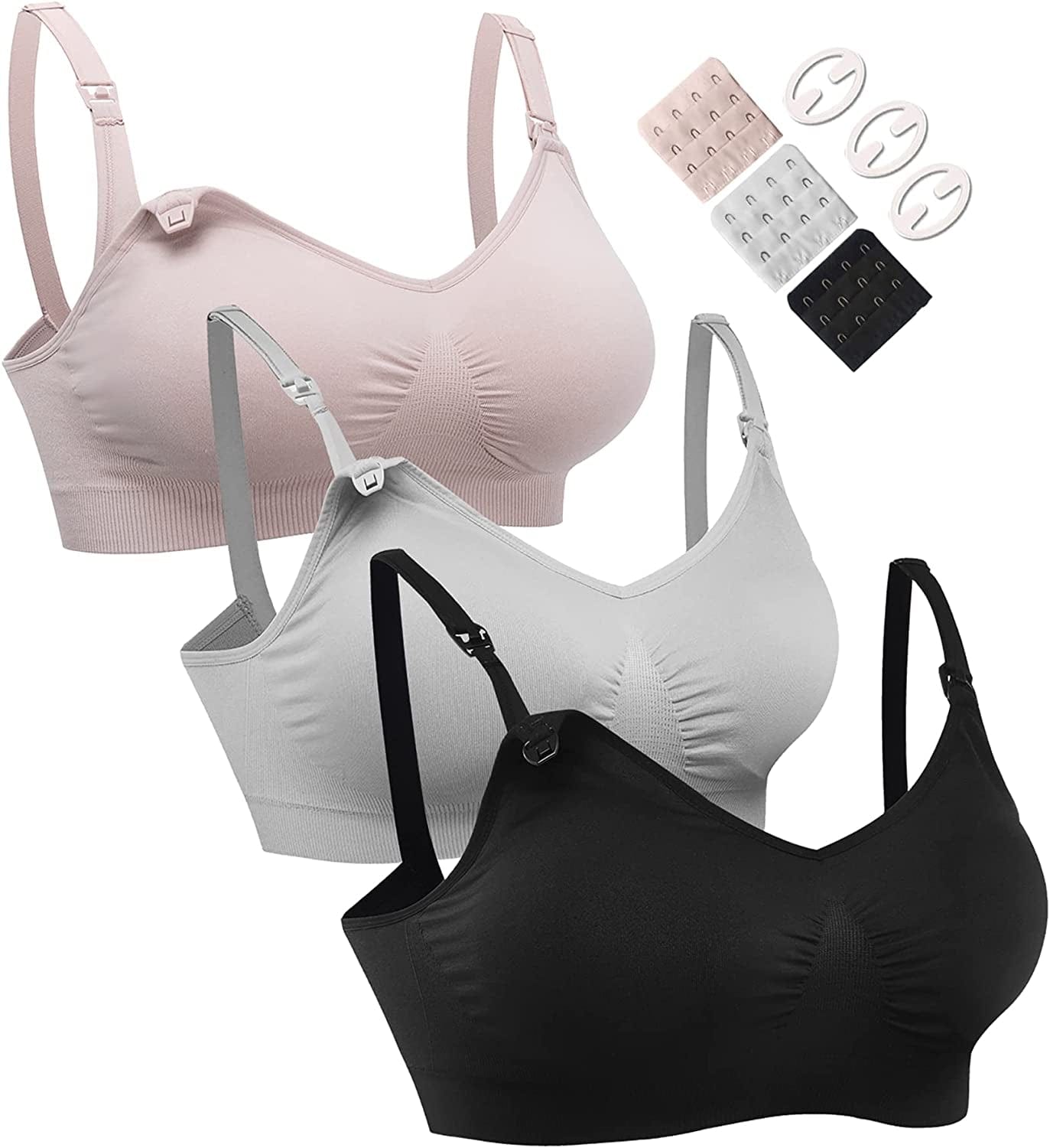 3PACK Full Bust Seamless Nursing Maternity Bras Bralette S-XXL with Extra Bra Extenders & Clips Black /Grey /Elegant Pink / Small