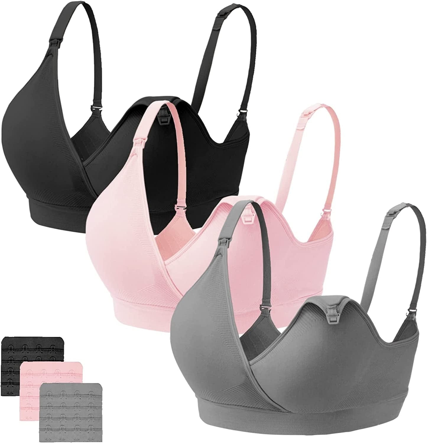 3Pack Nursing Bra Maternity Breastfeeding Bras Bralette Seamless Push up Sleeping Bras for Women Black/Greypink / Small
