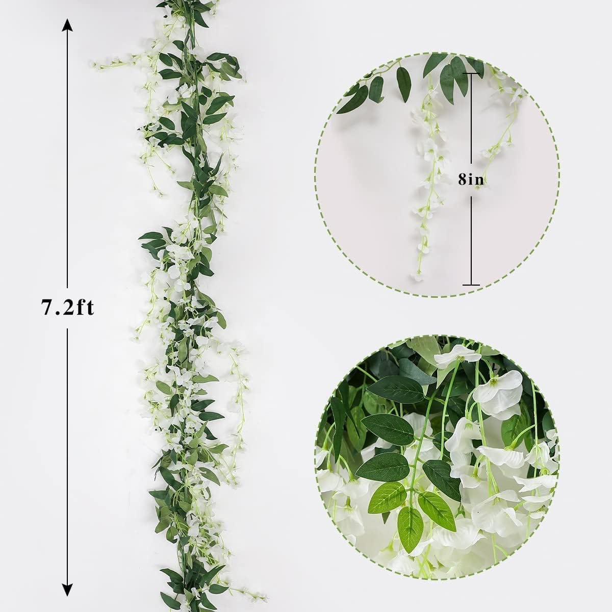 3Pcs 7.2Ft/Piece Artificial Flowers Wisteria Garland Artificial Wisteria Vine Hanging Flower Greenery Garland for Home Garden Outdoor Wedding Arch Floral Decor (White)