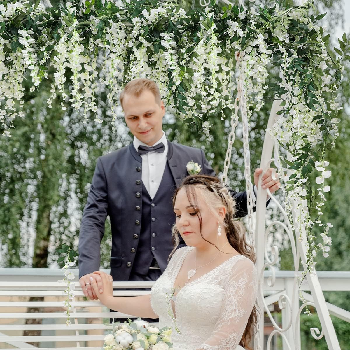 3Pcs 7.2Ft/Piece Artificial Flowers Wisteria Garland Artificial Wisteria Vine Hanging Flower Greenery Garland for Home Garden Outdoor Wedding Arch Floral Decor (White)