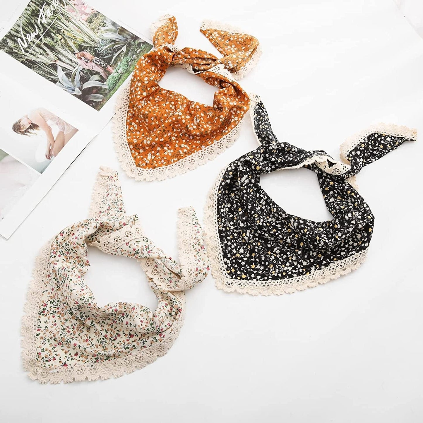 3Pcs Floral Hair Bandanas Chiffon Head Kerchief for Women Girls Boho Hair Scarf Headband Bandana Daisy Lace Head Scarf (Lace Trim Floral(Yellow/Black/Beige)) Apparel & Accessories > Clothing Accessories > Bandanas & Headties AWAYTR