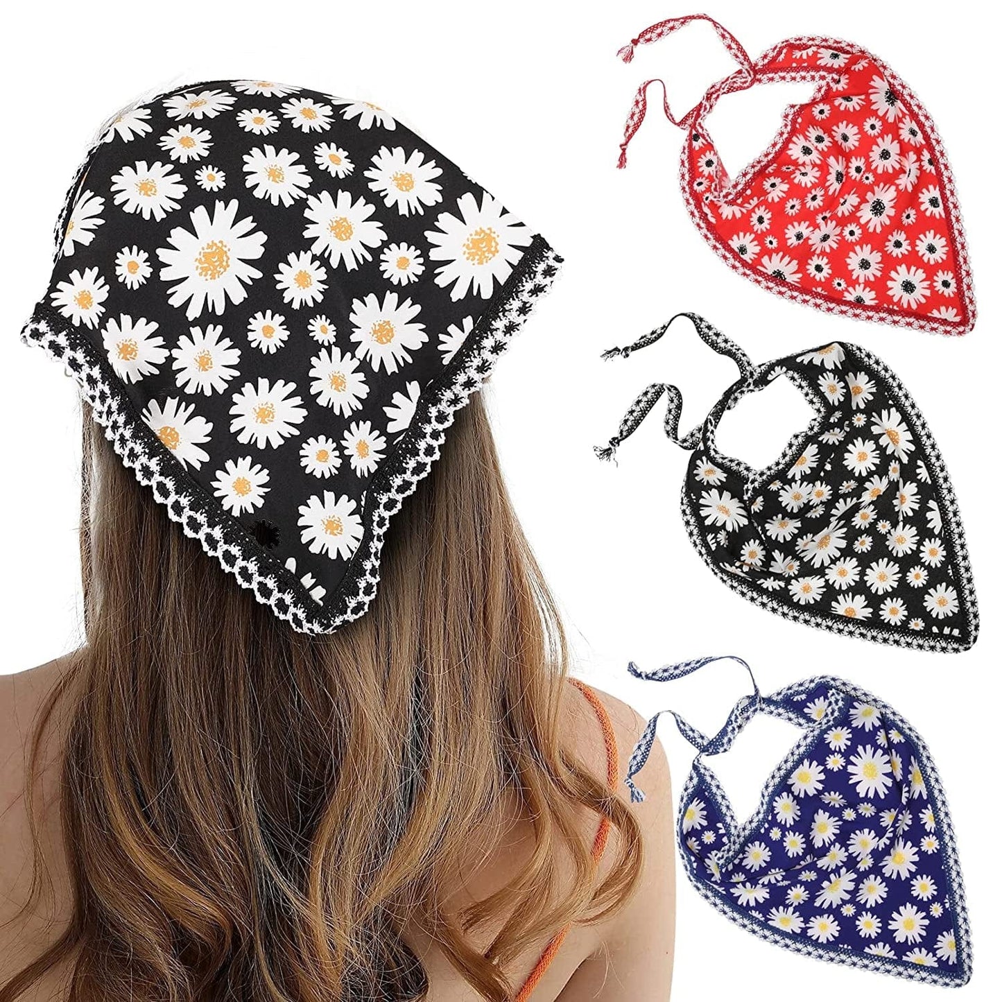 3Pcs Floral Hair Bandanas Chiffon Head Kerchief for Women Girls Boho Hair Scarf Headband Bandana Daisy Lace Head Scarf (Lace Trim Floral(Yellow/Black/Beige)) Apparel & Accessories > Clothing Accessories > Bandanas & Headties AWAYTR Lace Trim Sunflowers(blue/Black/Red)