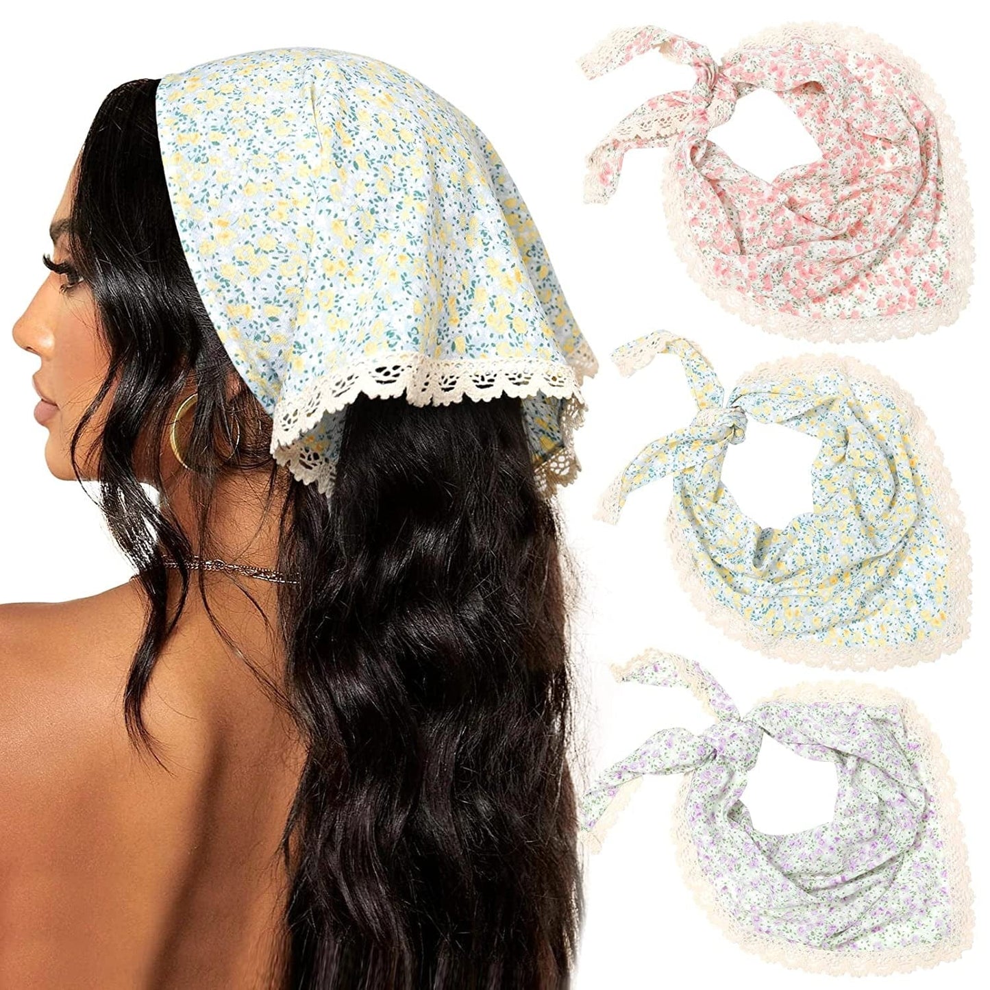 3Pcs Floral Hair Bandanas Chiffon Head Kerchief for Women Girls Boho Hair Scarf Headband Bandana Daisy Lace Head Scarf (Lace Trim Floral(Yellow/Black/Beige)) Apparel & Accessories > Clothing Accessories > Bandanas & Headties AWAYTR Lace Trim Floral(pink/green/purple)
