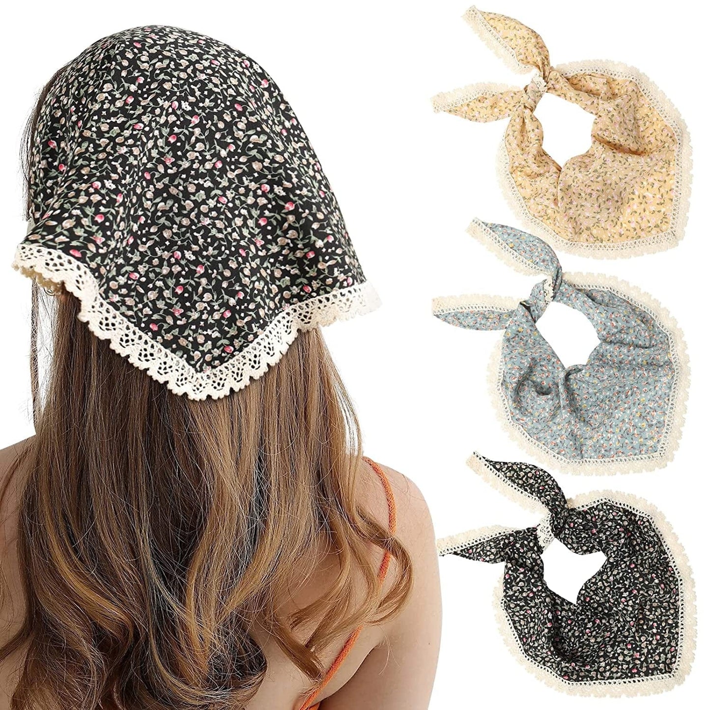 3Pcs Floral Hair Bandanas Chiffon Head Kerchief for Women Girls Boho Hair Scarf Headband Bandana Daisy Lace Head Scarf (Lace Trim Floral(Yellow/Black/Beige)) Apparel & Accessories > Clothing Accessories > Bandanas & Headties AWAYTR Lace Trim Floral(blue/Black/Yellow)