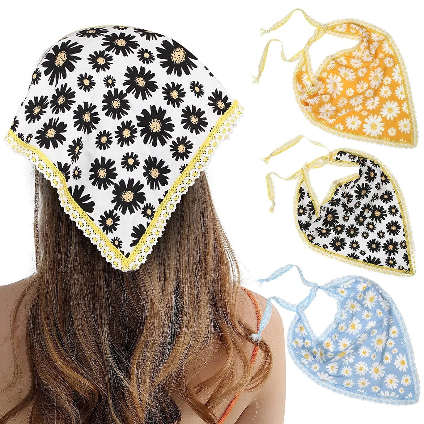 3Pcs Floral Hair Bandanas Chiffon Head Kerchief for Women Girls Boho Hair Scarf Headband Bandana Daisy Lace Head Scarf (Lace Trim Floral(Yellow/Black/Beige)) Apparel & Accessories > Clothing Accessories > Bandanas & Headties AWAYTR Lace Trim Sunflowers(blue/Yellow/White)