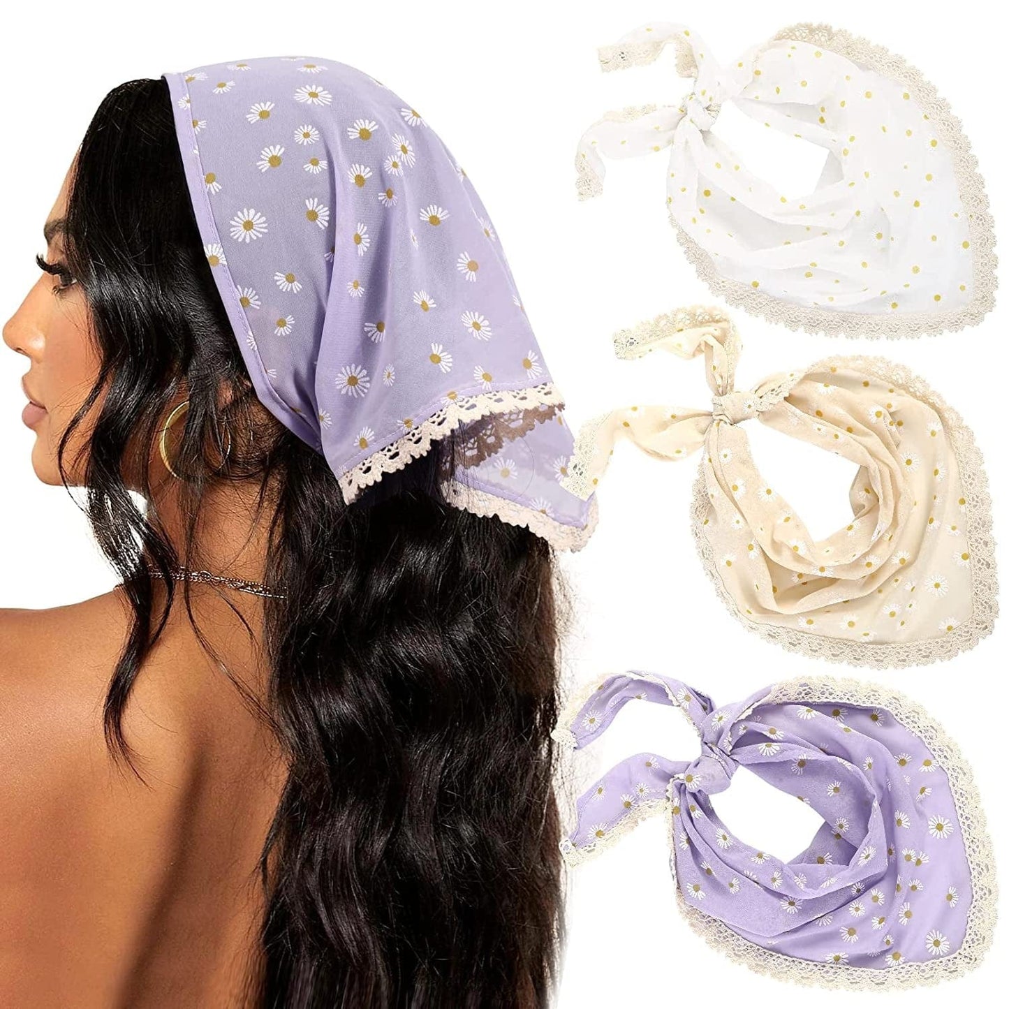 3Pcs Floral Hair Bandanas Chiffon Head Kerchief for Women Girls Boho Hair Scarf Headband Bandana Daisy Lace Head Scarf (Lace Trim Floral(Yellow/Black/Beige)) Apparel & Accessories > Clothing Accessories > Bandanas & Headties AWAYTR Lace Trim Sunflowers(yellow/White/Purple)