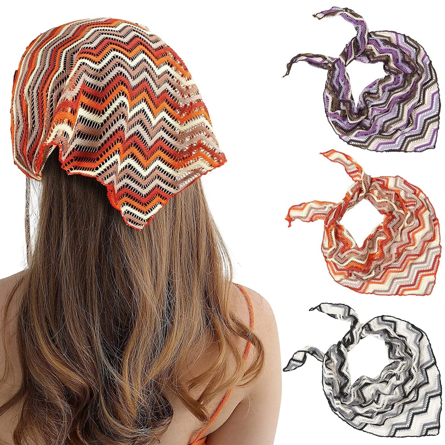 3Pcs Floral Hair Bandanas Chiffon Head Kerchief for Women Girls Boho Hair Scarf Headband Bandana Daisy Lace Head Scarf (Lace Trim Floral(Yellow/Black/Beige)) Apparel & Accessories > Clothing Accessories > Bandanas & Headties AWAYTR Rainbow Stripes(purple/Yellow/White)