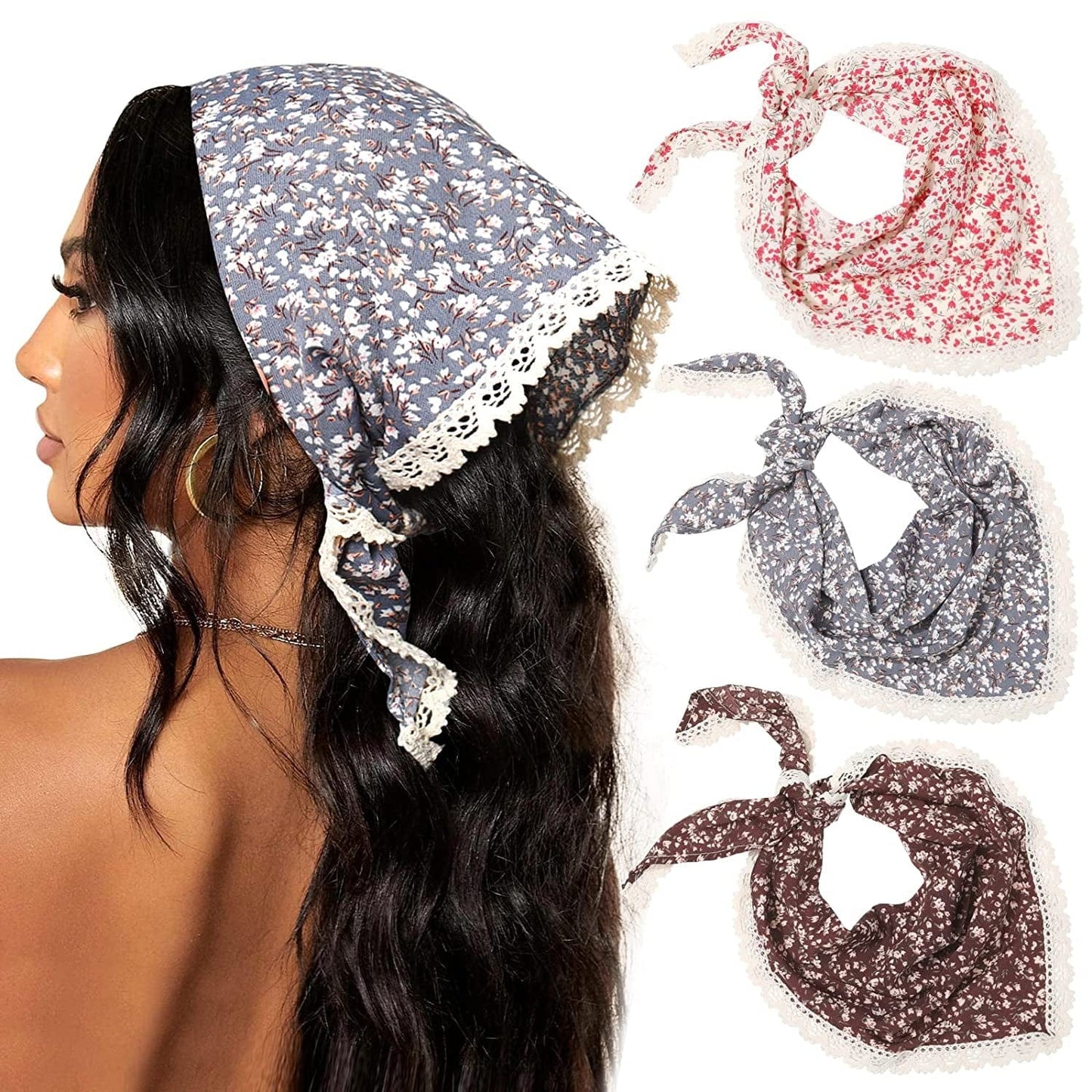 3Pcs Floral Hair Bandanas Chiffon Head Kerchief for Women Girls Boho Hair Scarf Headband Bandana Daisy Lace Head Scarf (Lace Trim Floral(Yellow/Black/Beige)) Apparel & Accessories > Clothing Accessories > Bandanas & Headties AWAYTR Lace Trim Floral(brown/dark purple/red)